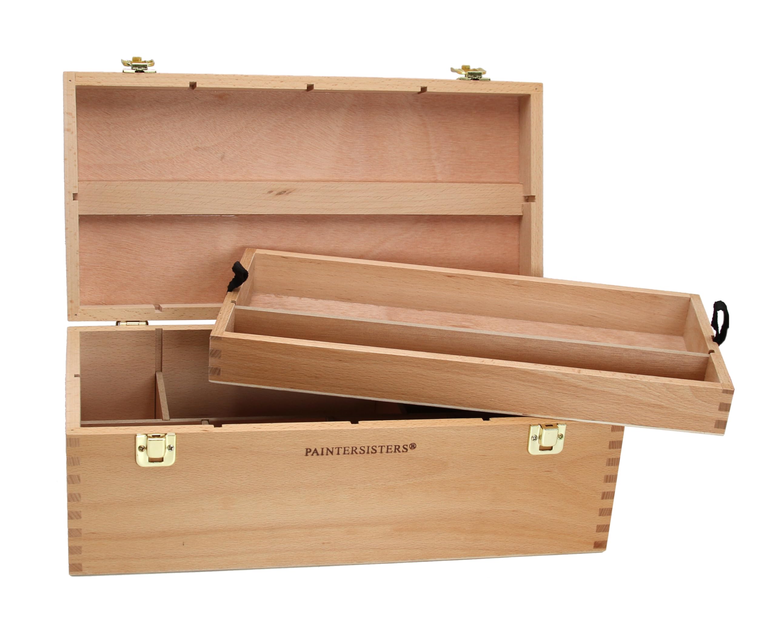 Paintersisters® Coffret d'ustensiles XL, Mallette de peinture, Boîte à peinture, Coffret à pinceaux en bois, Boîte à outils, Rangement
