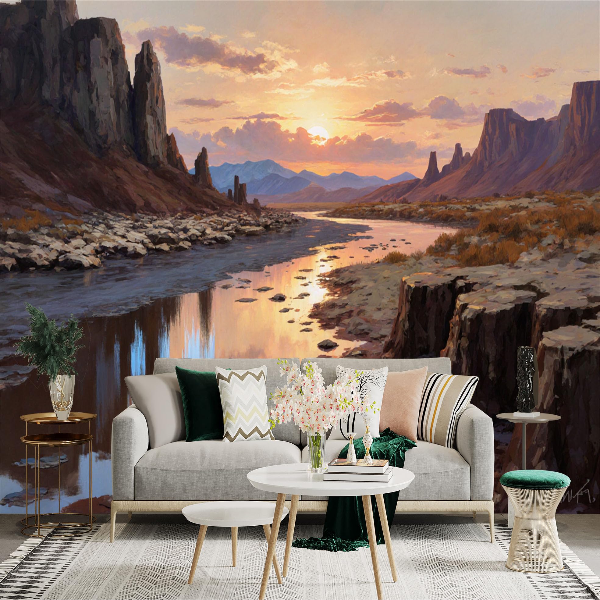 Custom Size Wall Sticker Mural， Sunset River with Rocky Cliffs and Mountain Landscape， for wall Decoration， peelandstick wall Decals.