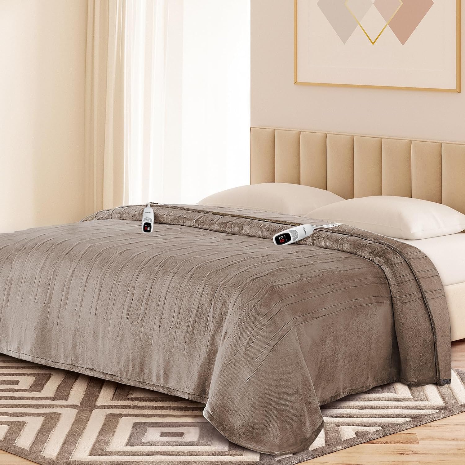 Electric Blanket King with Dual Control-100x90 Soft Double-Sided Flannel Heating Blanket, 9 Heat Levels & 10 Hours Timer Heated Throw, Machine Washable, Gift for Mom Dad - Camel