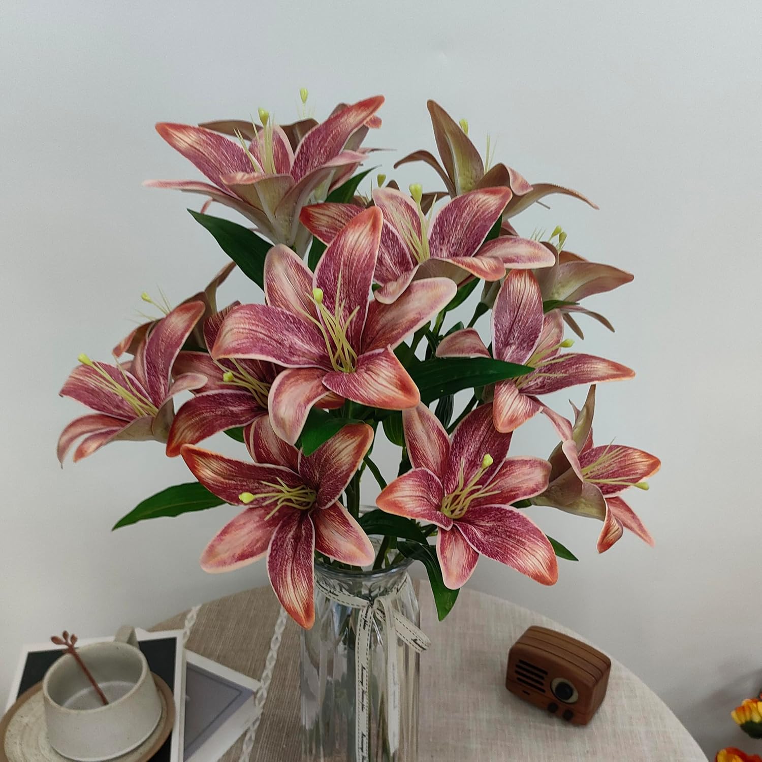 Brown Lilies Artificial Flowers,6 Pcs Faux Lily Flowers,23 Inch Long Stem Tiger Lily Branch with 3 Full Blooms and 4 Leaves, Latex Real Touch Lilium Flower for Wedding Bouquet - Image 5