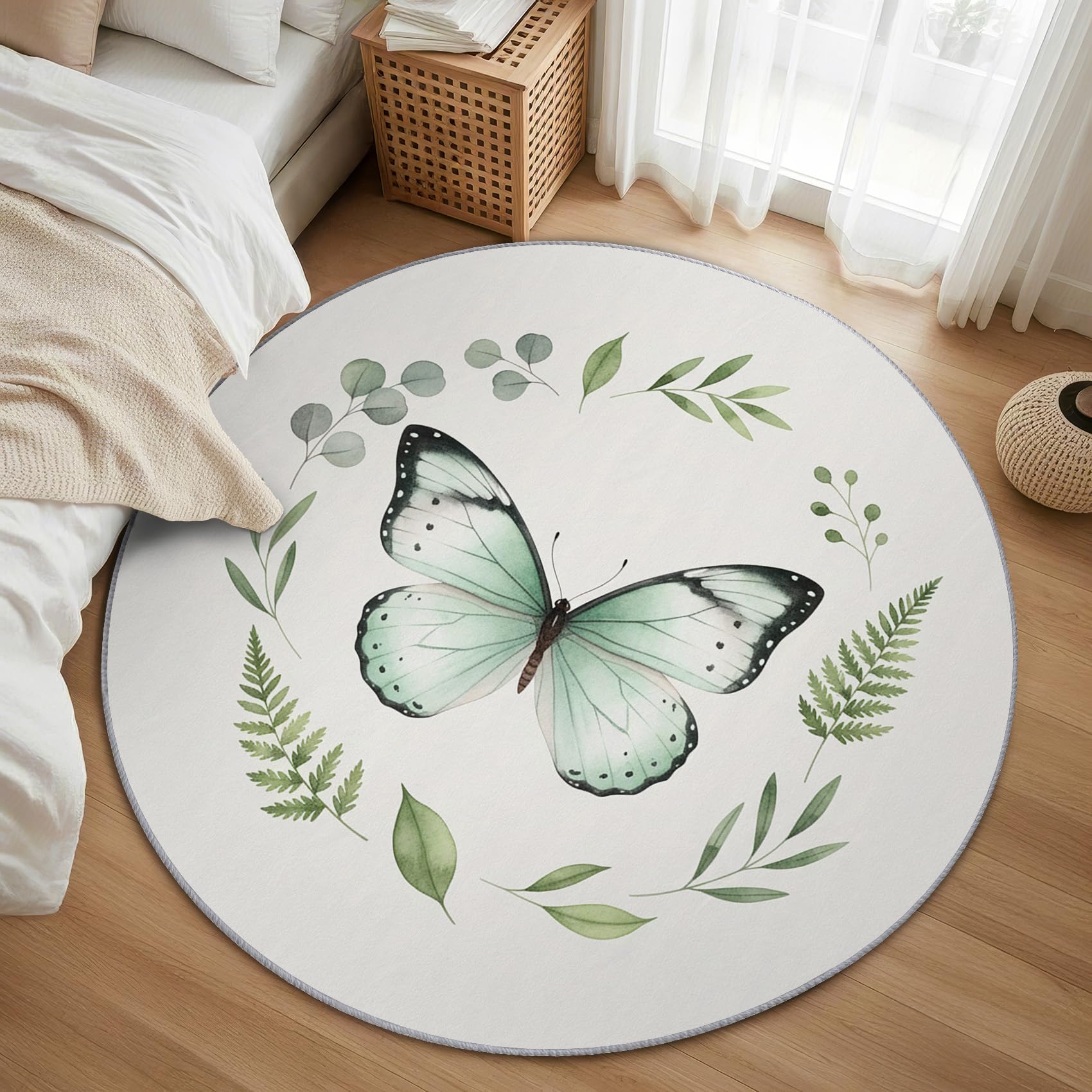 Schmetterling Teppich Rund 120cm Kurzflor - Waschbare Teppiche Wohnzimmer Mädchen Blätter Grün Boho Schmetterlinge - Runder Teppich 120 Durchmesser Kinderzimmer - Bettvorleger rutschfest