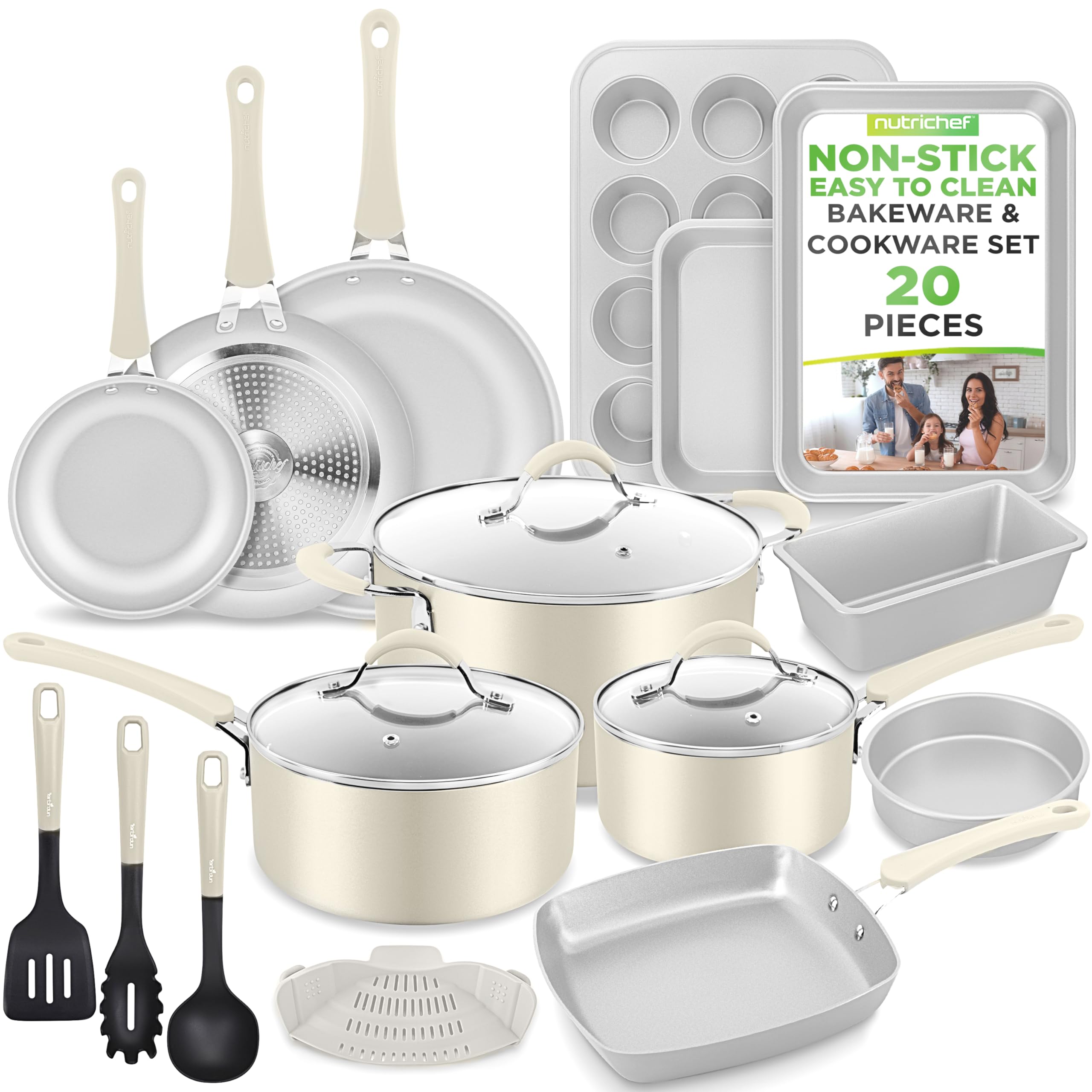 NutriChef Set Pentole e Padelle Antiaderenti 20 Pezzi con Coperchi in Vetro e Utensili, Teglie da Forno per Pizza, Pane, Teglie Forno per Dolci, Torta, Biscotti, Stampo Muffin e Stampo Plumcake