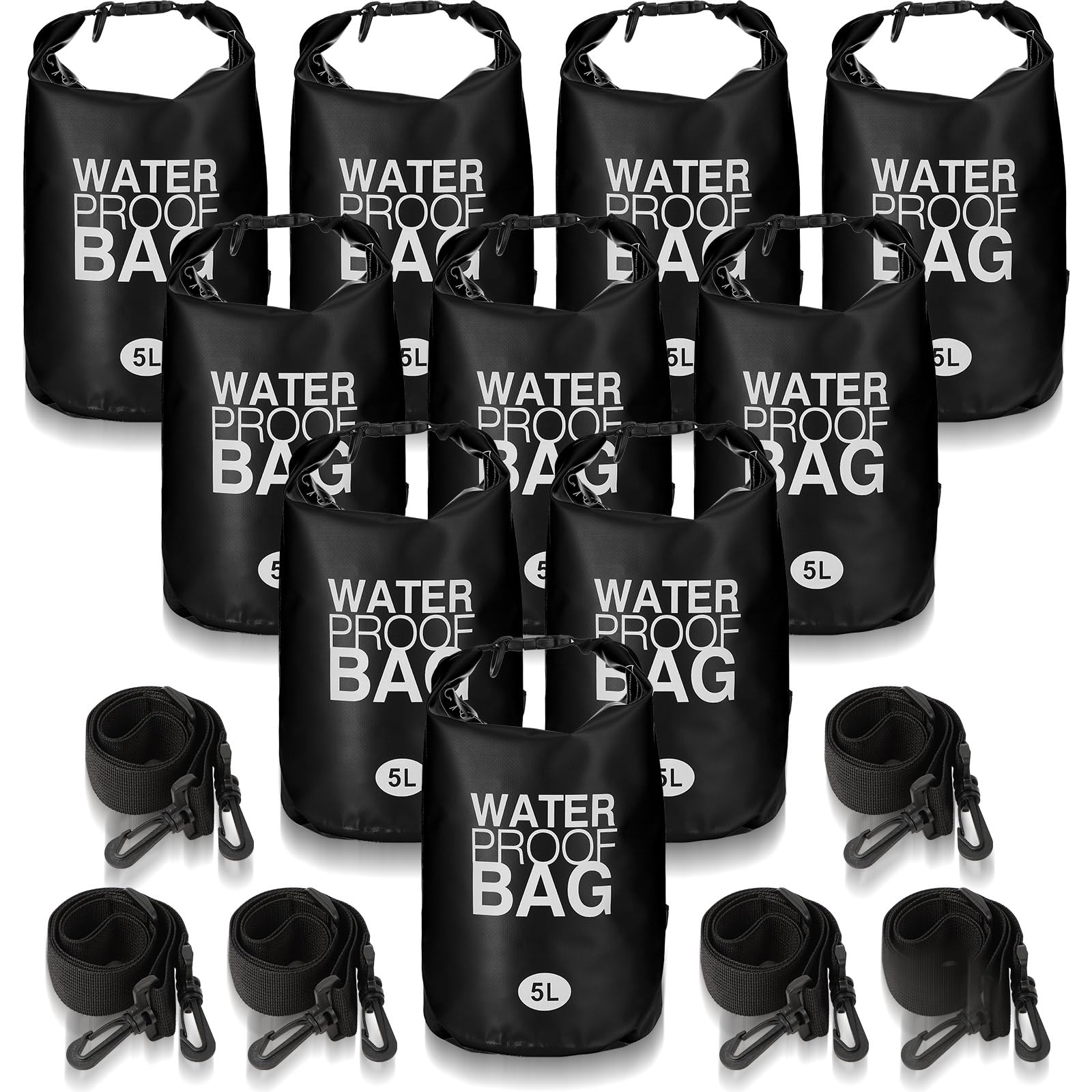 Jexine Confezione da 10 sacchetti impermeabili da 5 l, ultraleggeri, ermetici, in ripstop, da campeggio, per backpacking, kayak, escursionismo, nuoto, pesca, rafting, canottaggio (nero)