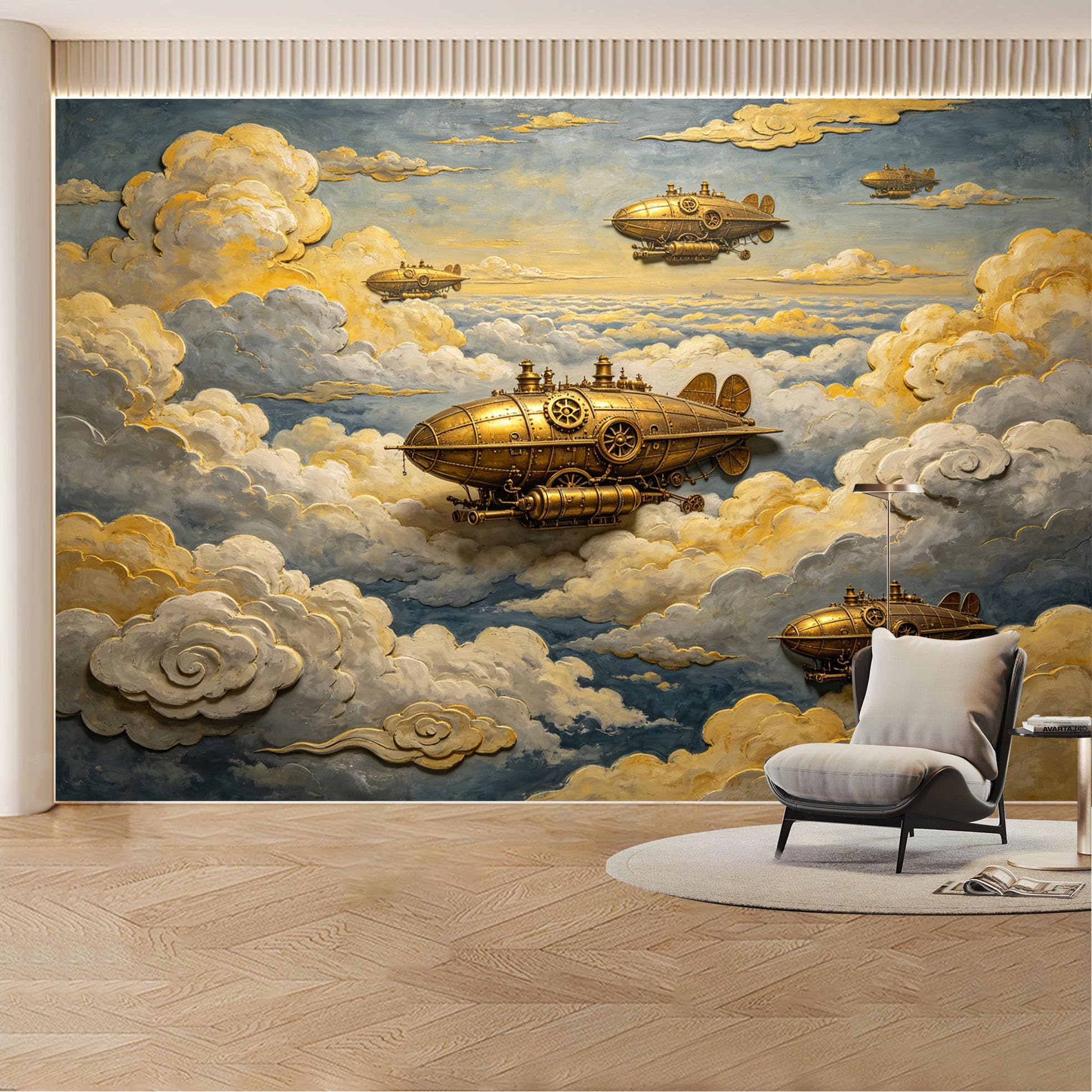 Custom Wall Mural Wallpaper Steampunk Airship Sky Landscape Modern 3D Effect Wall Decor Vintage Fantasy Removable SelfAdhesive Large Photo for Living Room， Bedroom， Office