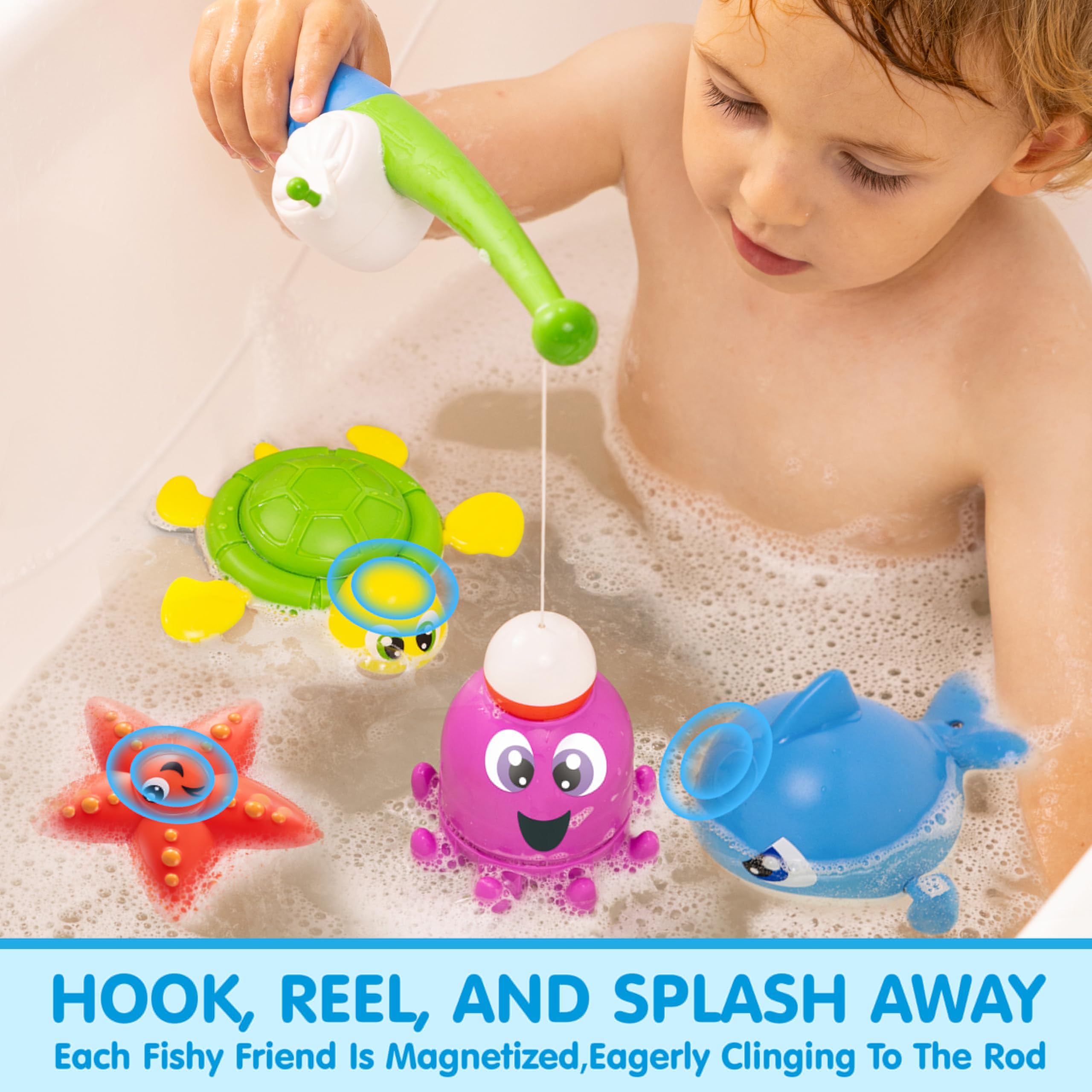 JOYIN Bath Fishing Toy Set for Toddlers - Magnetic Toy with Fishing Rod, Spinning Octopus and Starfish, Wind-up Shark and Turtle - Sensory Development for Infants