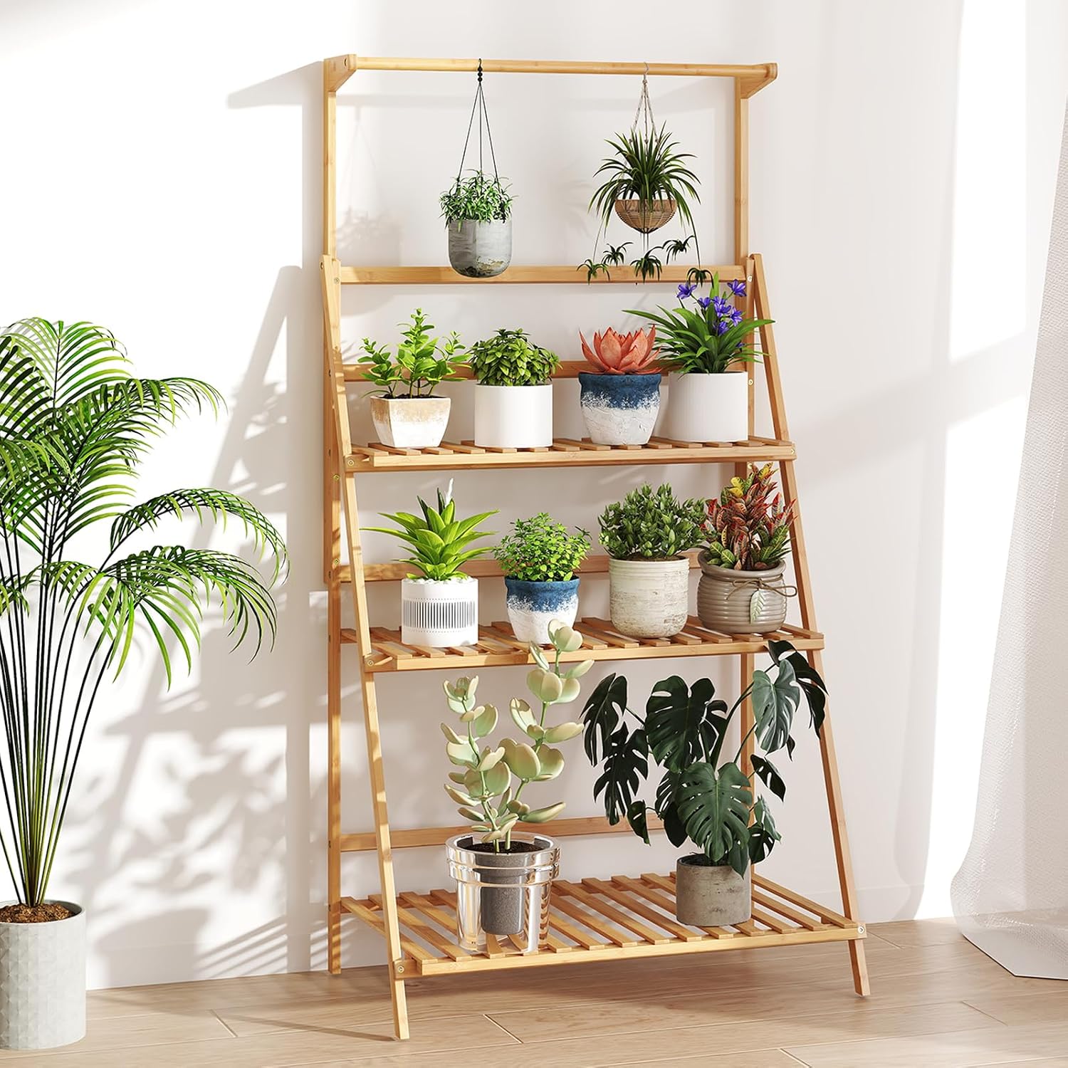 Giantex Plant Stand Indoor Outdoor - Bamboo 3-Tier Hanging Tall Ladder Flower Pot Display Organizer Rack w/Height Adjustable Rod, Folding Plant Shelf Holder for Living Room Corner Patio Garden Balcony