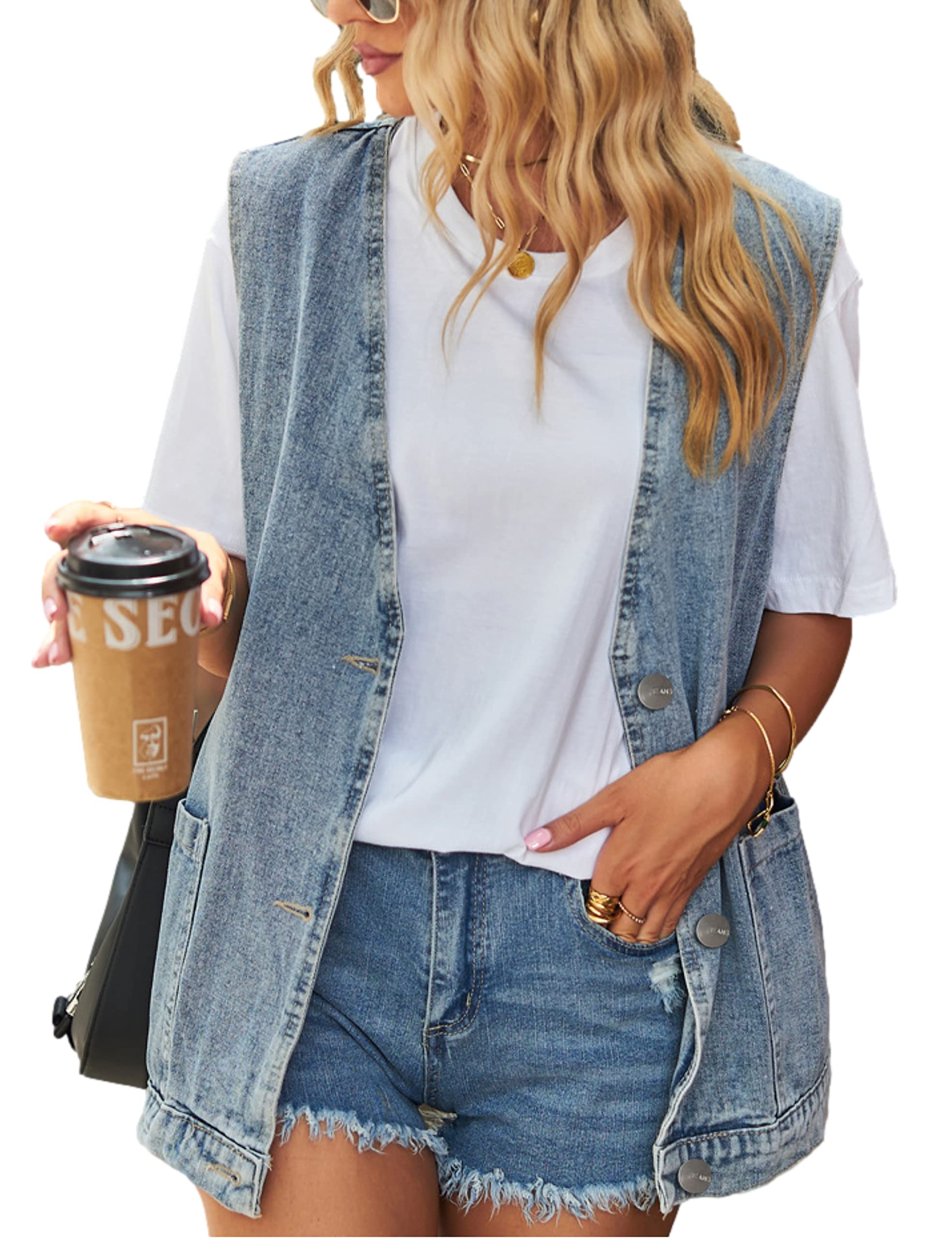Zontroldy Denim Jean Vest for Women Oversized Sleeveless Button Down Denim Jean Vest Waistcoat Shacket Jacket