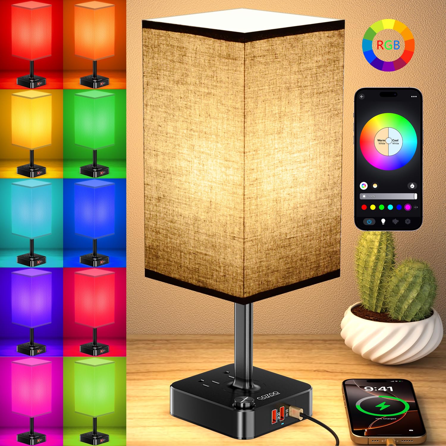 Photo 1 of cozoo RGB Remote Bedside Lamp 16 Color Dimming for Nightstand Table Black