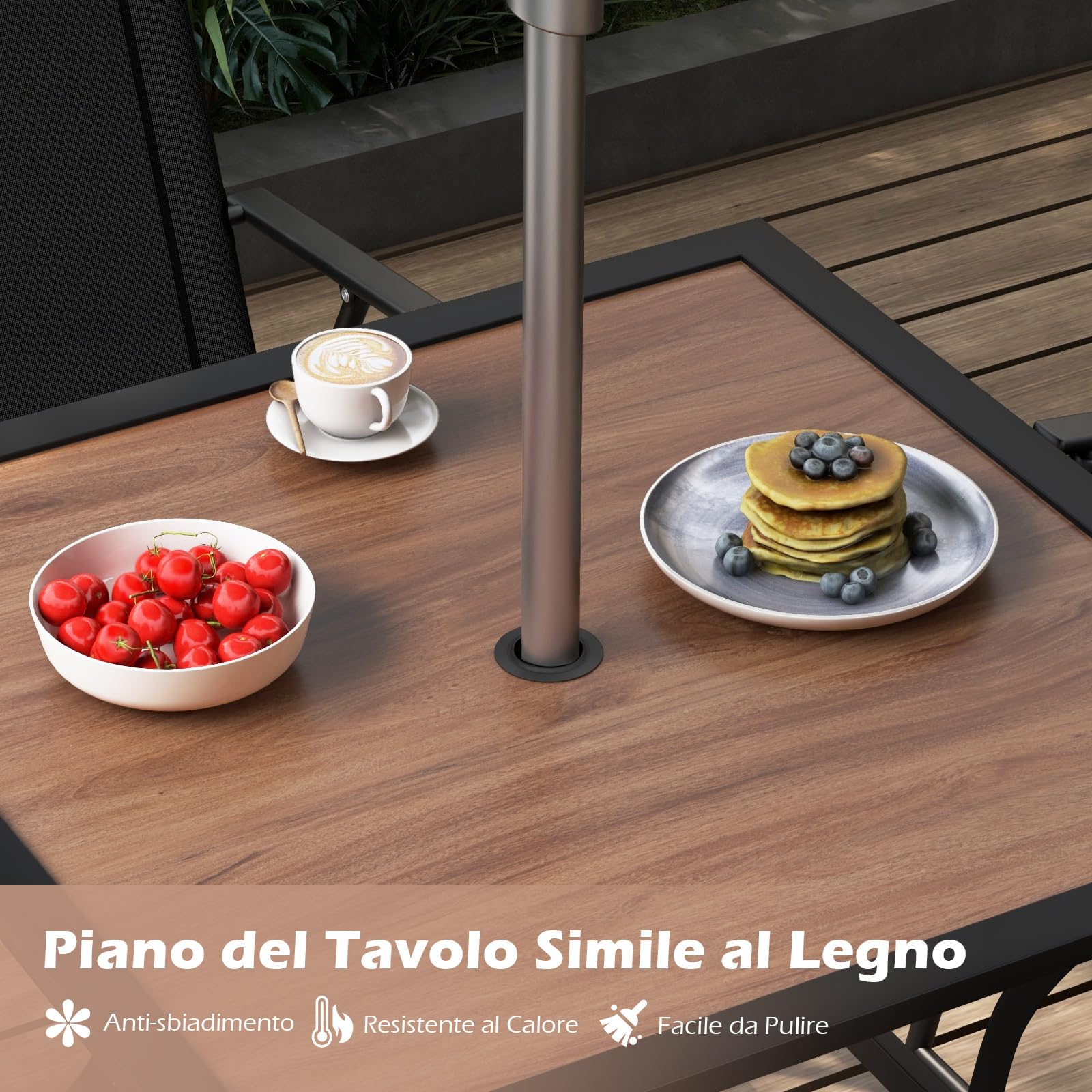 COSTWAY Tavolo da Pranzo da Giardino per 4 Persone con Foro per Ombrellone | Tavolo Quadrato da Esterno 85 cm con Piano in Legno e Telaio in Metallo, Portata 80 kg