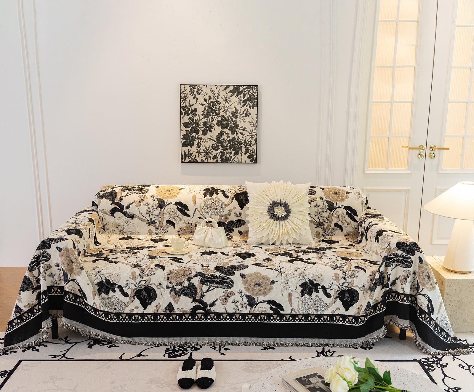 ROOMLIFE Boho Black Floral Couch Cover for 2-3 Cushion Couch L Shape Sofa Covers for Sectional Sofa Silpcover for Dogs Cats Washable Chenille Furniture Protector for Living Room,71"x134"