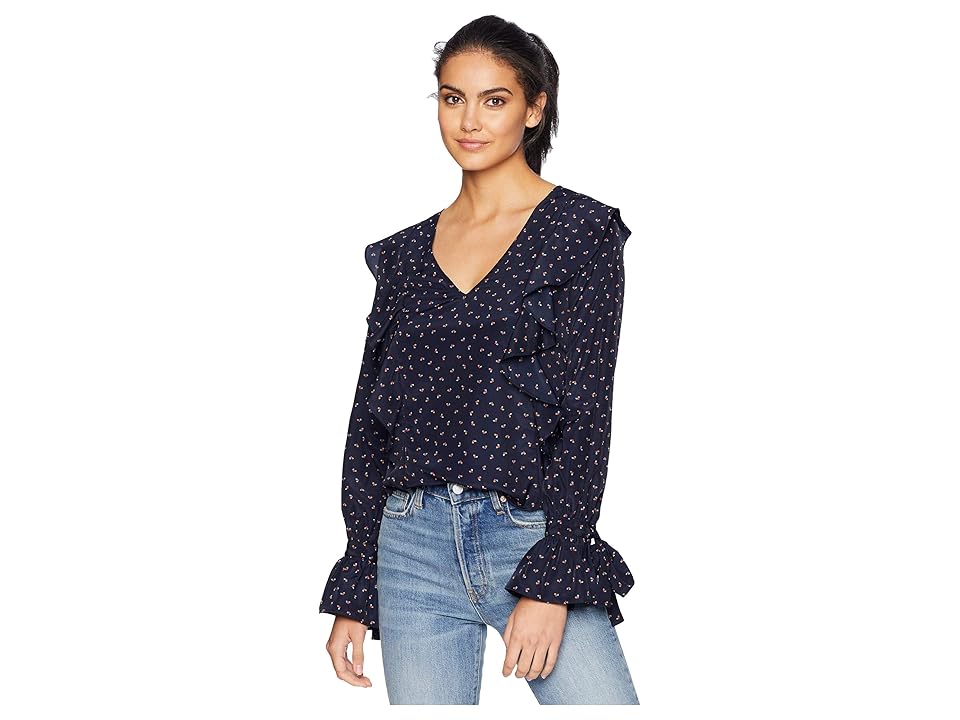 

J.O.A. Ruffle Front Top (Navy Multi) Women's Clothing