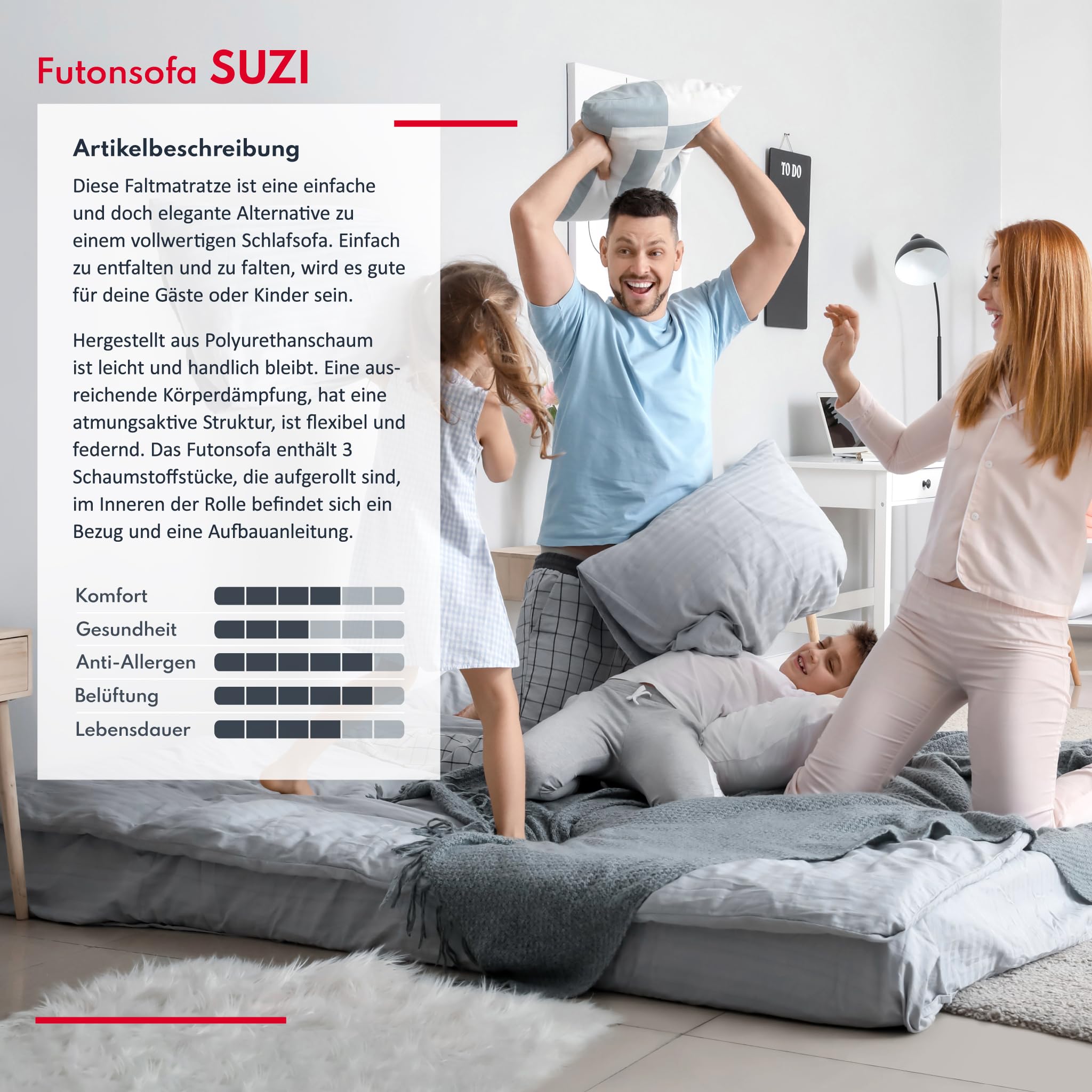FDM Składany materac SUZI MAXI 120 x 200 cm, materac z zimnej pianki, wysokość 14 cm, stopień twardości H3, Öko-Tex, nadaje się dla alergików, poszewka Trinity, nadaje się do prania, kolor czarny
