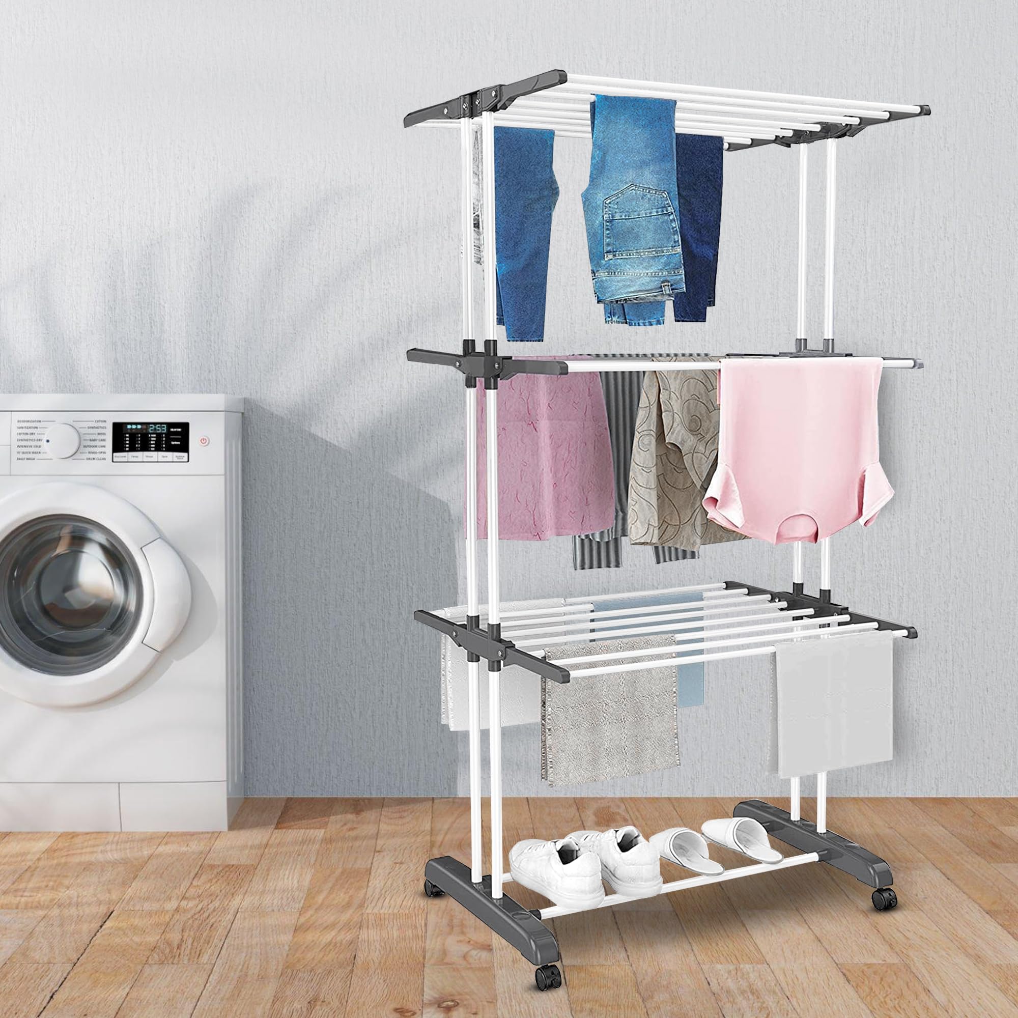 Vonia Séchoir à Linge Pliable 4 Niveaux – Étendoir Linge Intérieur Petit Espace de 12m | Tancarville Linge Solide XXL en Tour pour Vêtements et Serviettes, Intérieur et Extérieur, Blanc