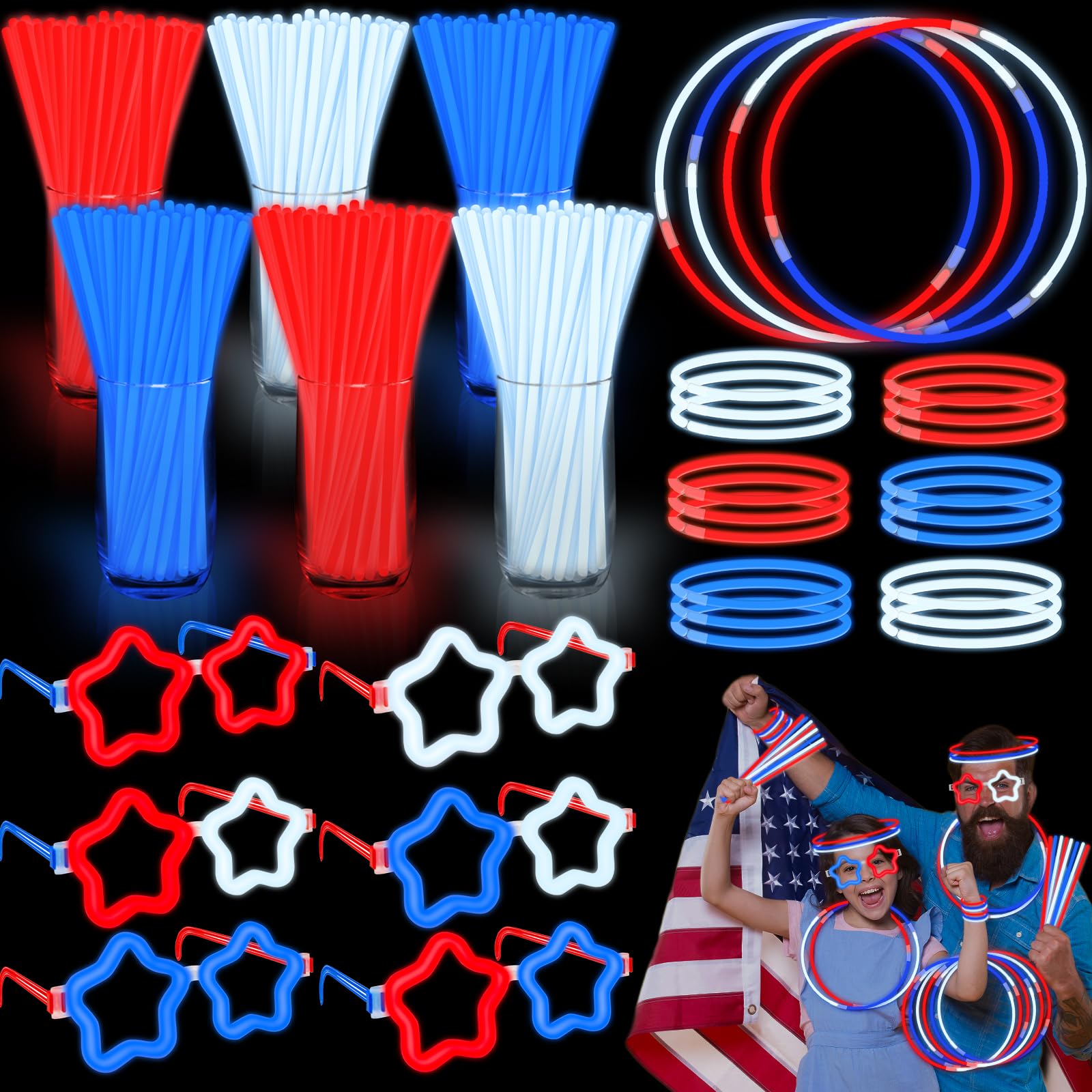 126 PCS 4th of July Glow Sticks Bracelets Necklaces Glasses with Connectors,Glow in The Dark Party Supplies, Light Up Party Favors for Kids Adults, Blue White Red LED Accessories for Independence Day