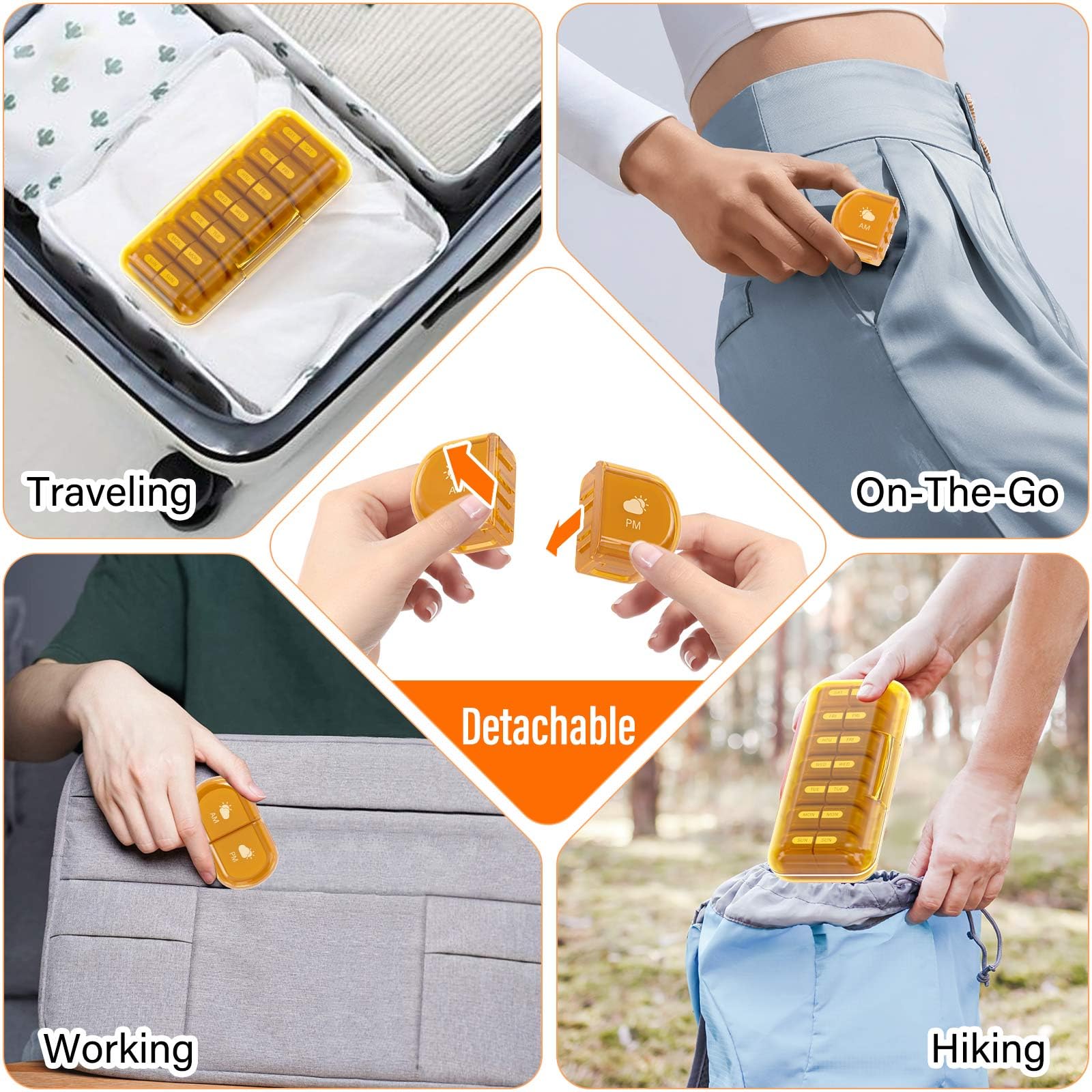 Pilulier hebdomadaire 2 fois par jour, résistant à l'humidité, compartiments amovibles, pilulier Am Pm 2 x 7 jours, pilulier de voyage pour pilules/huile de poisson/médicaments/vitamines