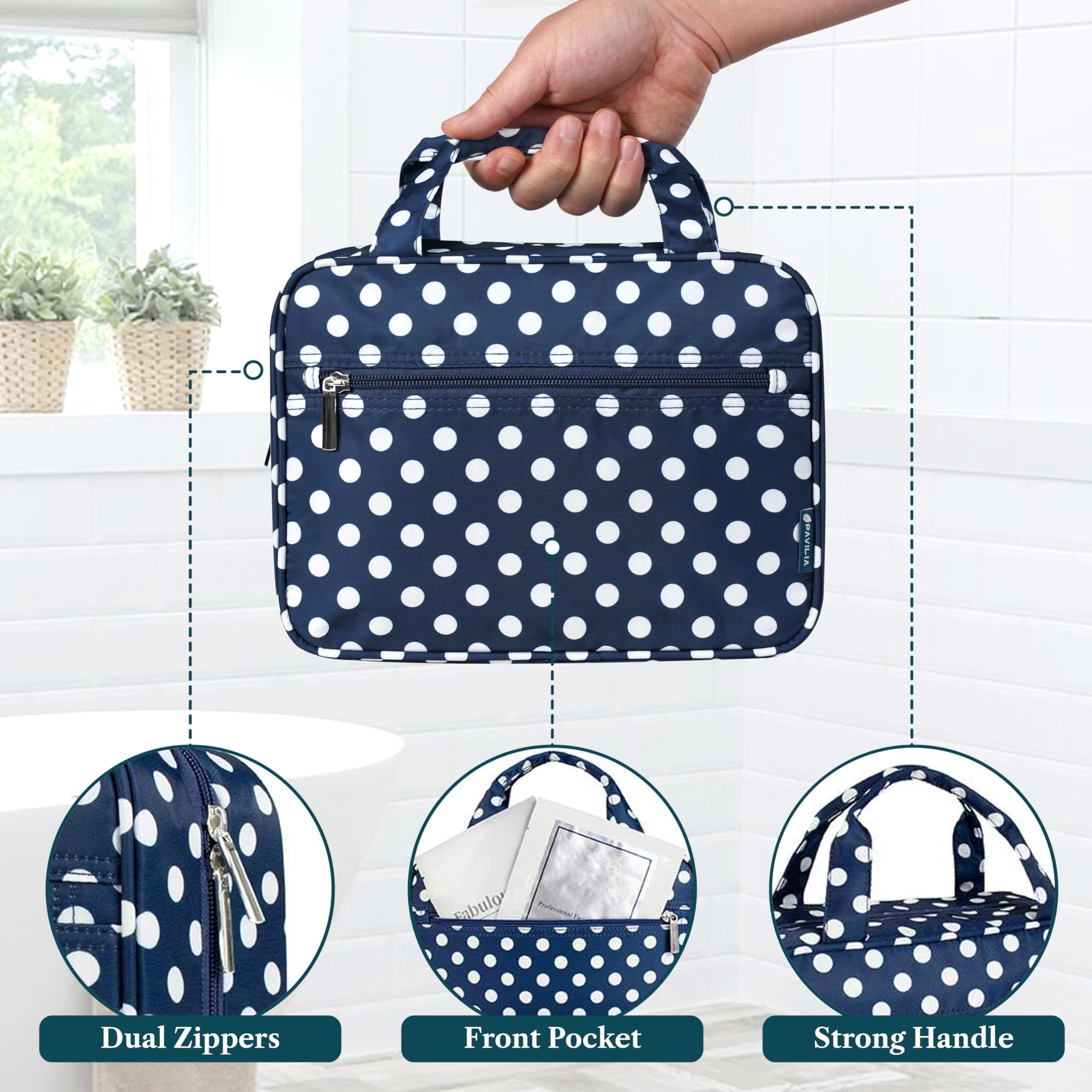 PAVILIA Borsa da toilette da appendere borsa da viaggio donna e uomo, organizer pieghevole per cosmetici, borsa per il trucco resistente all'acqua, accessori da toeletta, grande kit essenziale da