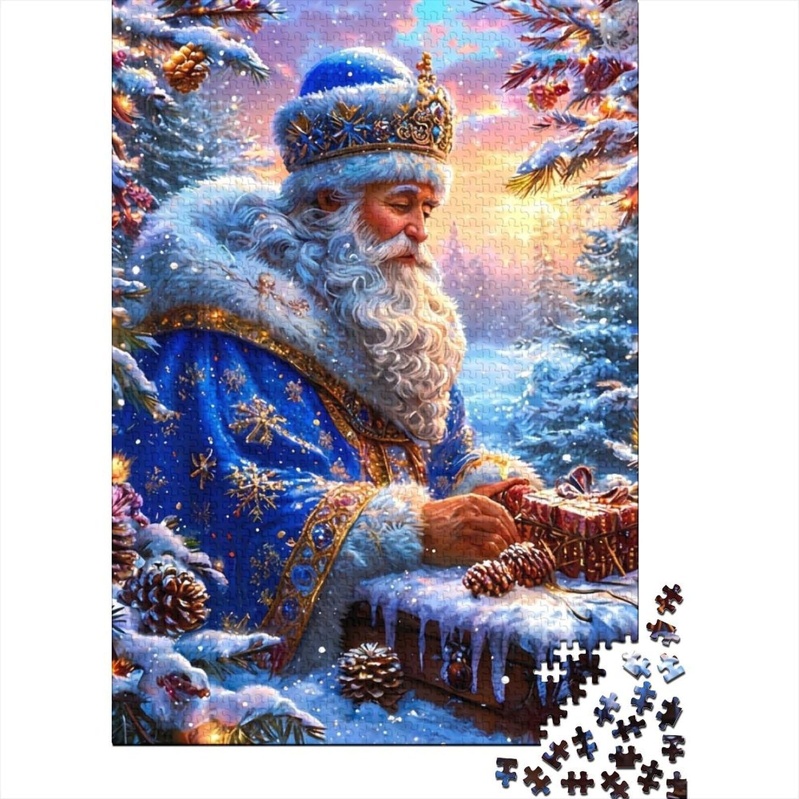 winter blue robed old man 1000 piece jigsaw puzzle paperboard for adults snowy pine forest christmas scene stress relief activity home decoration