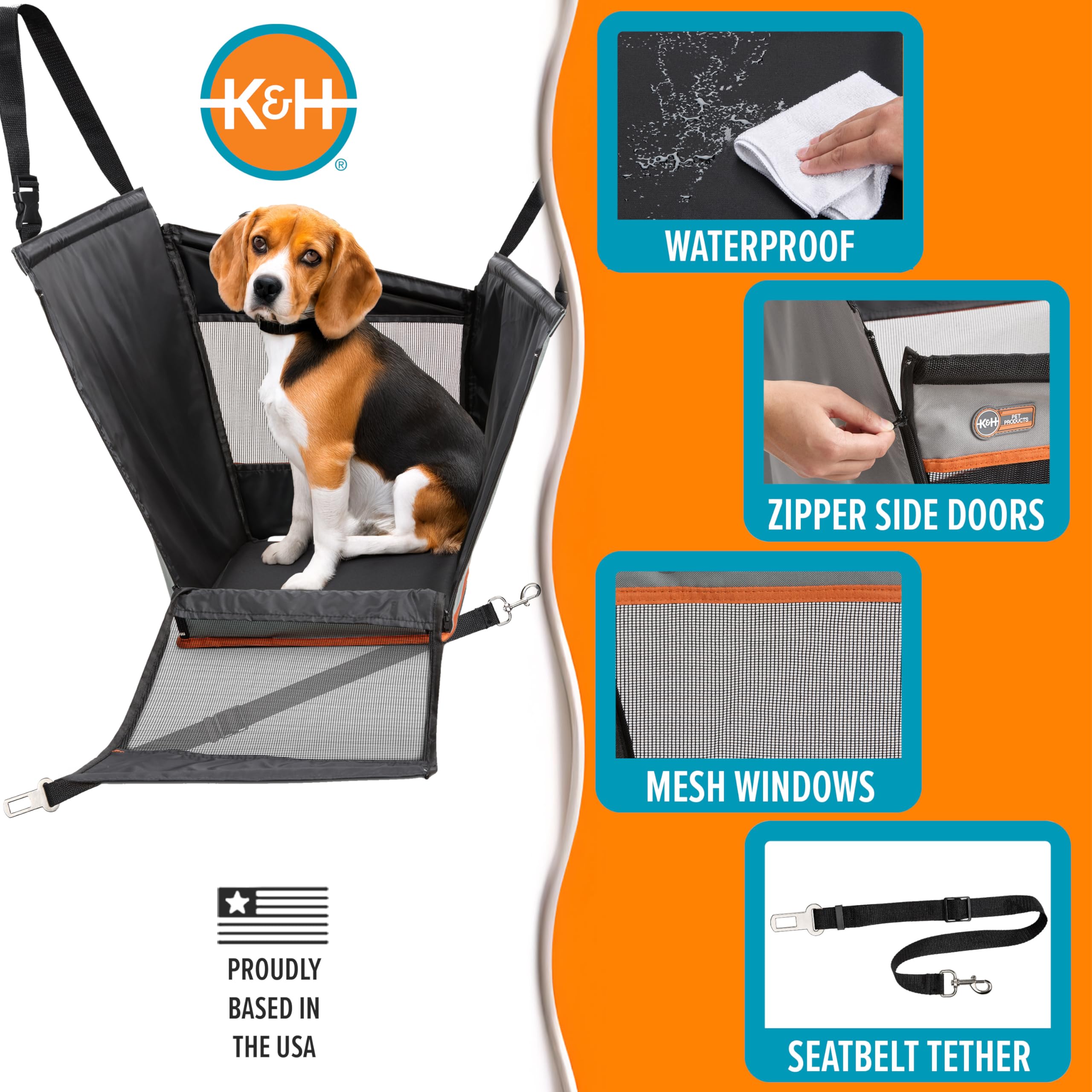 K&H Pet Products Buckle N' Go Hundeautositz für mittelgroße Hunde, wasserdichter Stoff mit atmungsaktivem Mesh & verstellbarem Hunde-Sicherheitsgurt für Auto, Hundehängematte für Auto,