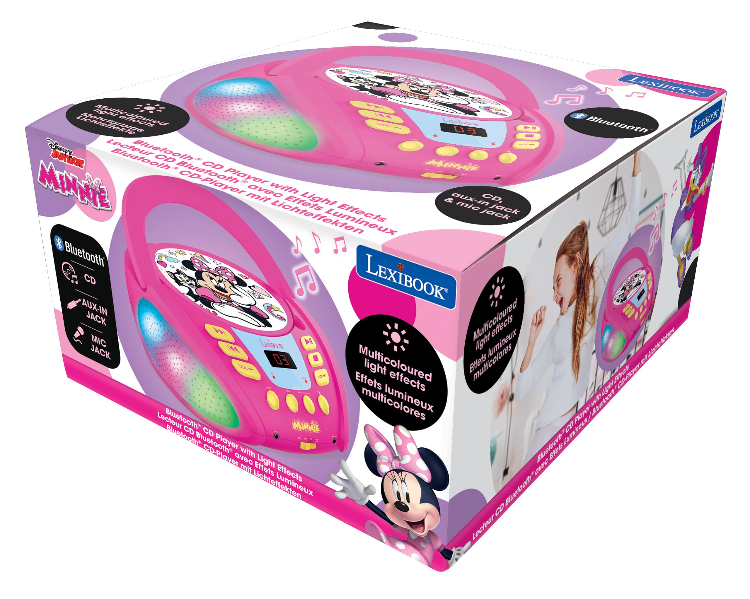 Lexibook RCD109MN Disney Minnie-Bluetooth Odtwarzacz DC dla Dzieci, Przenośny, Wielokolorowe Efekty Świetlne, Mikrofon, Gniazdo Aux-In, Ac Lub Zasilanie Bateryjne