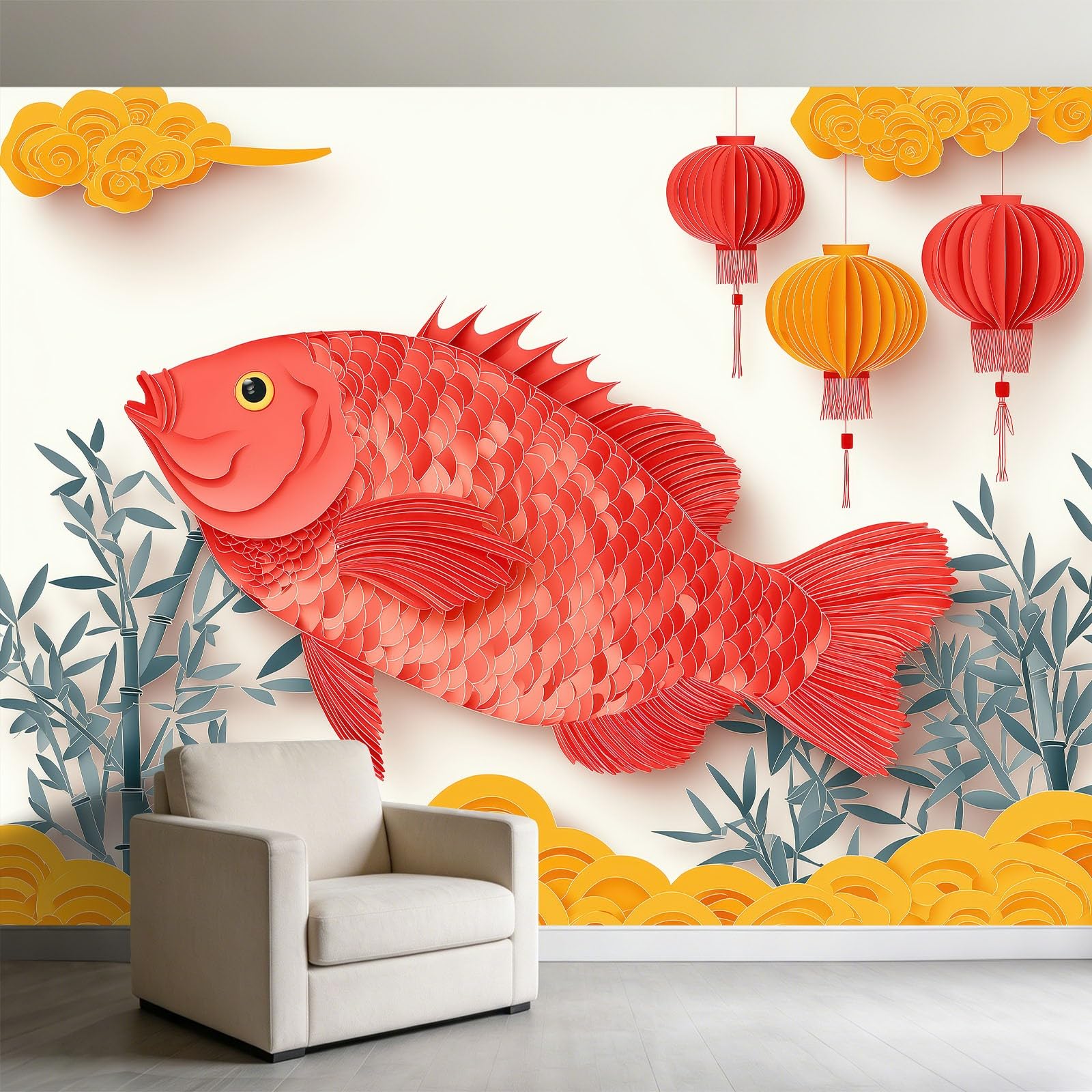 Générique Chińska tapeta z włókniny 3D, bambus, 250 x 175 cm, tapeta z włókniny, plakat ścienny do salonu, pokoju dziecięcego, dekoracja ścienna, łatwy montaż, żółta