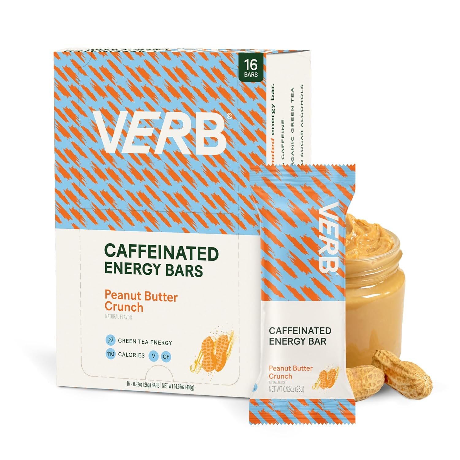 Verb Caffeinated Energy Bars Peanut Butter Cookie (26g, Pack of 16) 110-Calorie Delicious Energy Bar - Vegan Gluten Free On-the Go Snack with 80mg Green Tea Caffeine, Only Real-Food Ingredients Peanut Butter Crunch 16 Count (Pack of 1)( BB: 01/16/26)
