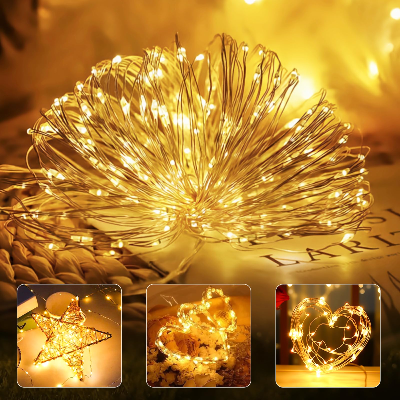 btfarm 120 LED Lichterkette mit USB Stecker und Timer, 12M Kupferdraht Lichterkette Innen mit Fernbedienung, 8 Modi Lichterketten mit Dimmbar für Party Weihnachten Hochzeit Deko, Warmweiß