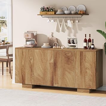 Sideboard Buffet Cabinet with Storage, Farmhouse Coffee Bar Cabinet with 4 Doors & Adjustable Shelves for Living Room, Kitchen, Hallway, Oak