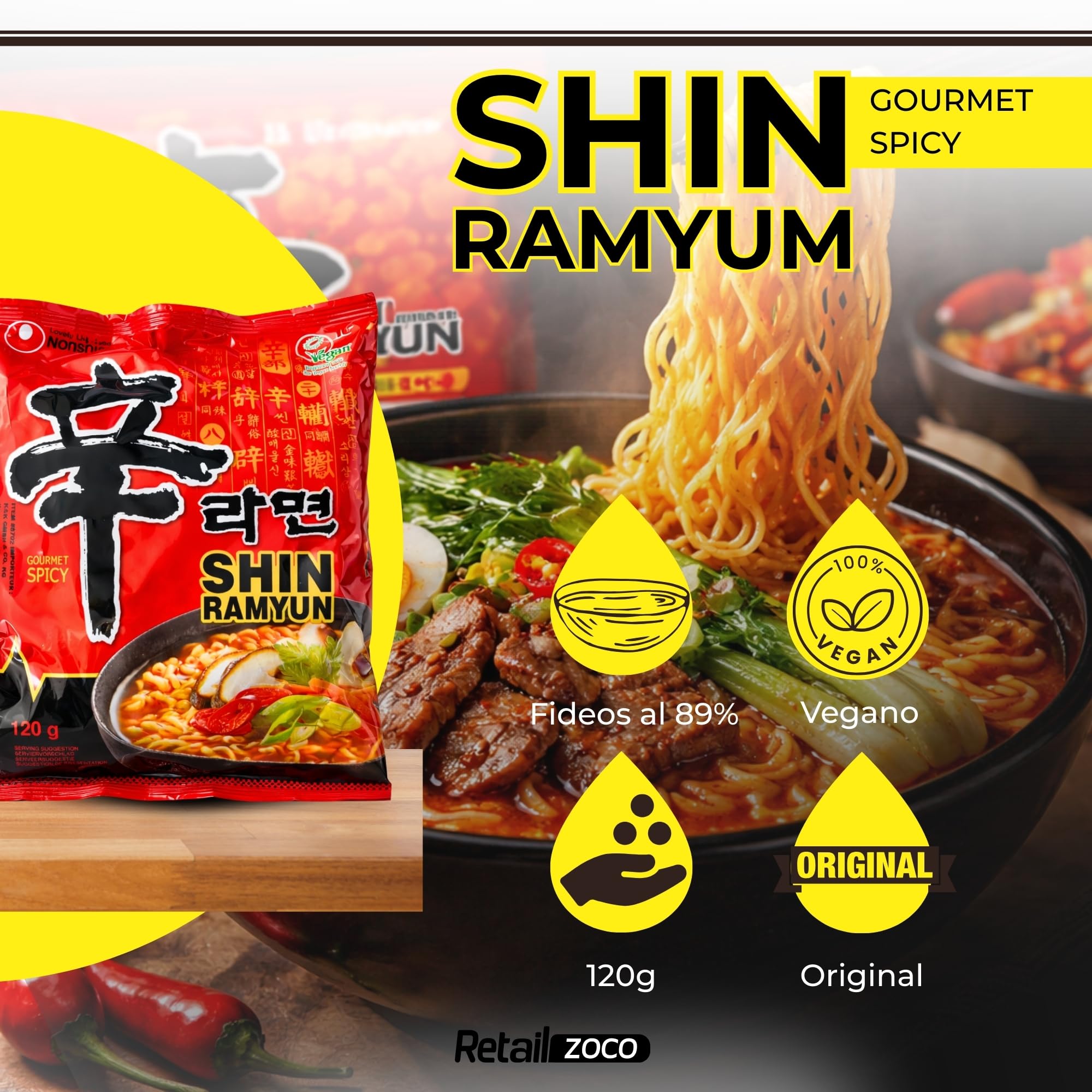 Ramen Picante Nong shin, Fideos Instantáneos Nong Shim Shin Ramyun, Instant Noodle Ramen Corea, Original Coreano, Agrega agua caliente y cocina por 5 minutos, 20 unidades de 120 g - imagen 2