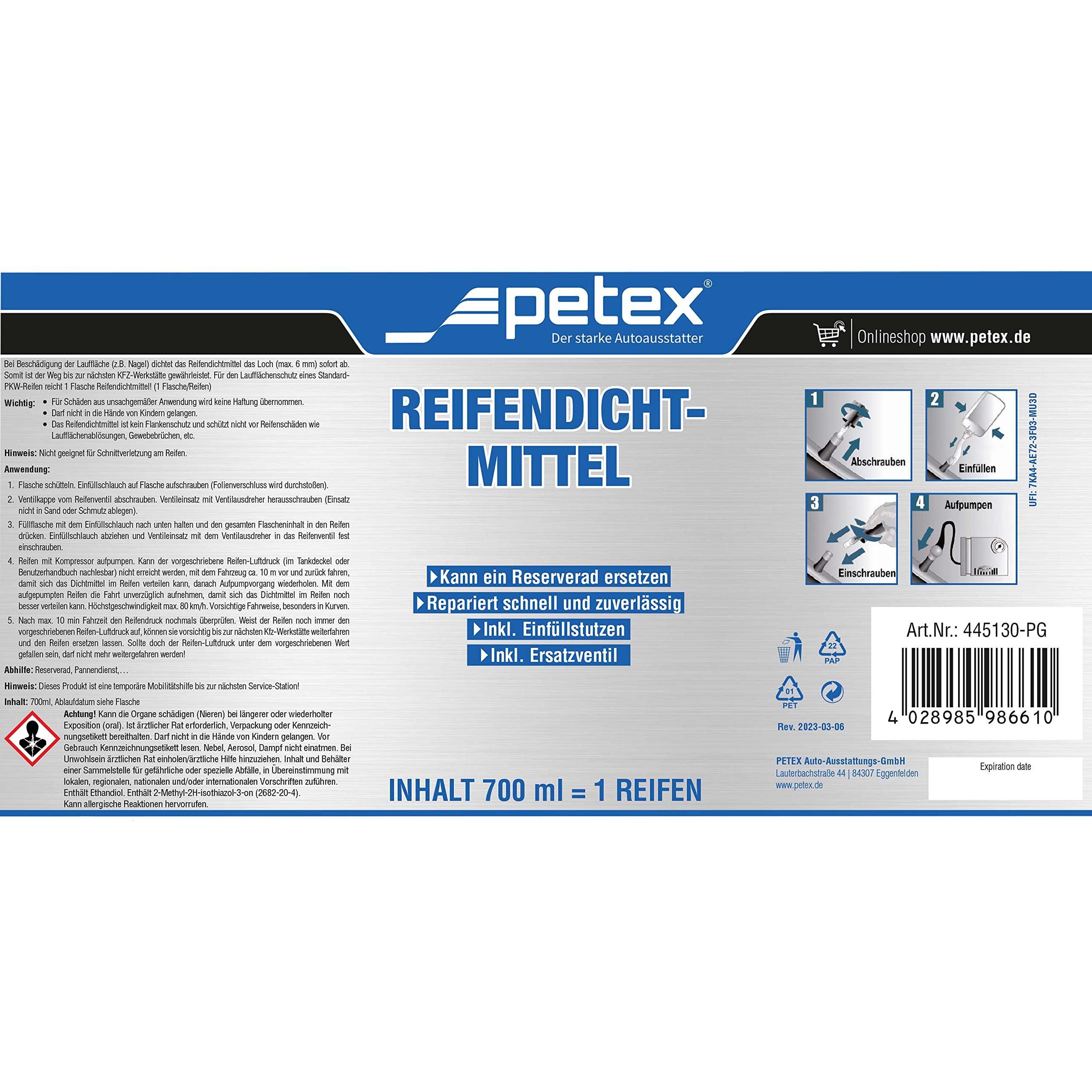 Petex 445130 Bombe anti-crevaison 700ml sans couleur