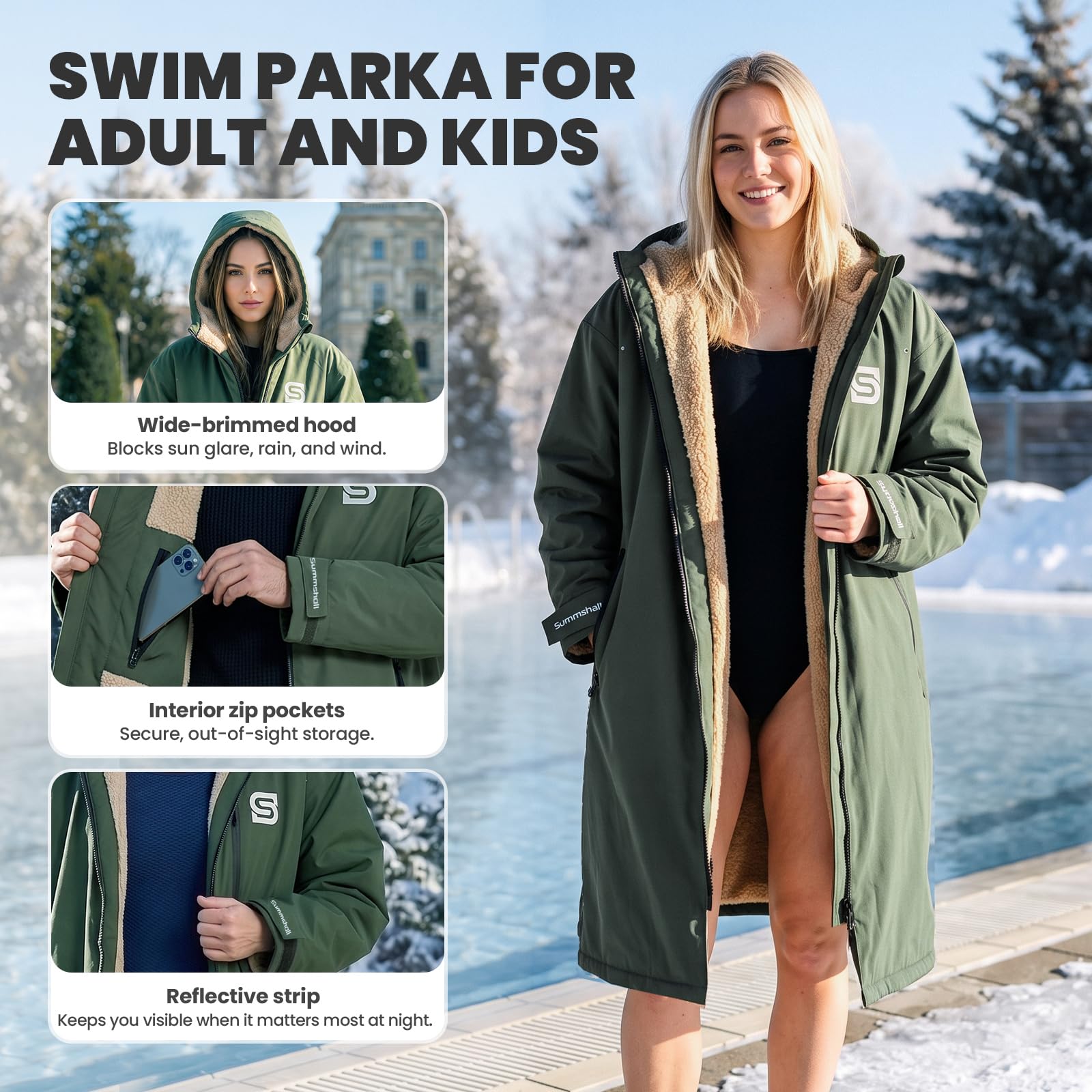 Parka de natación impermeable para niños, jóvenes y adultos