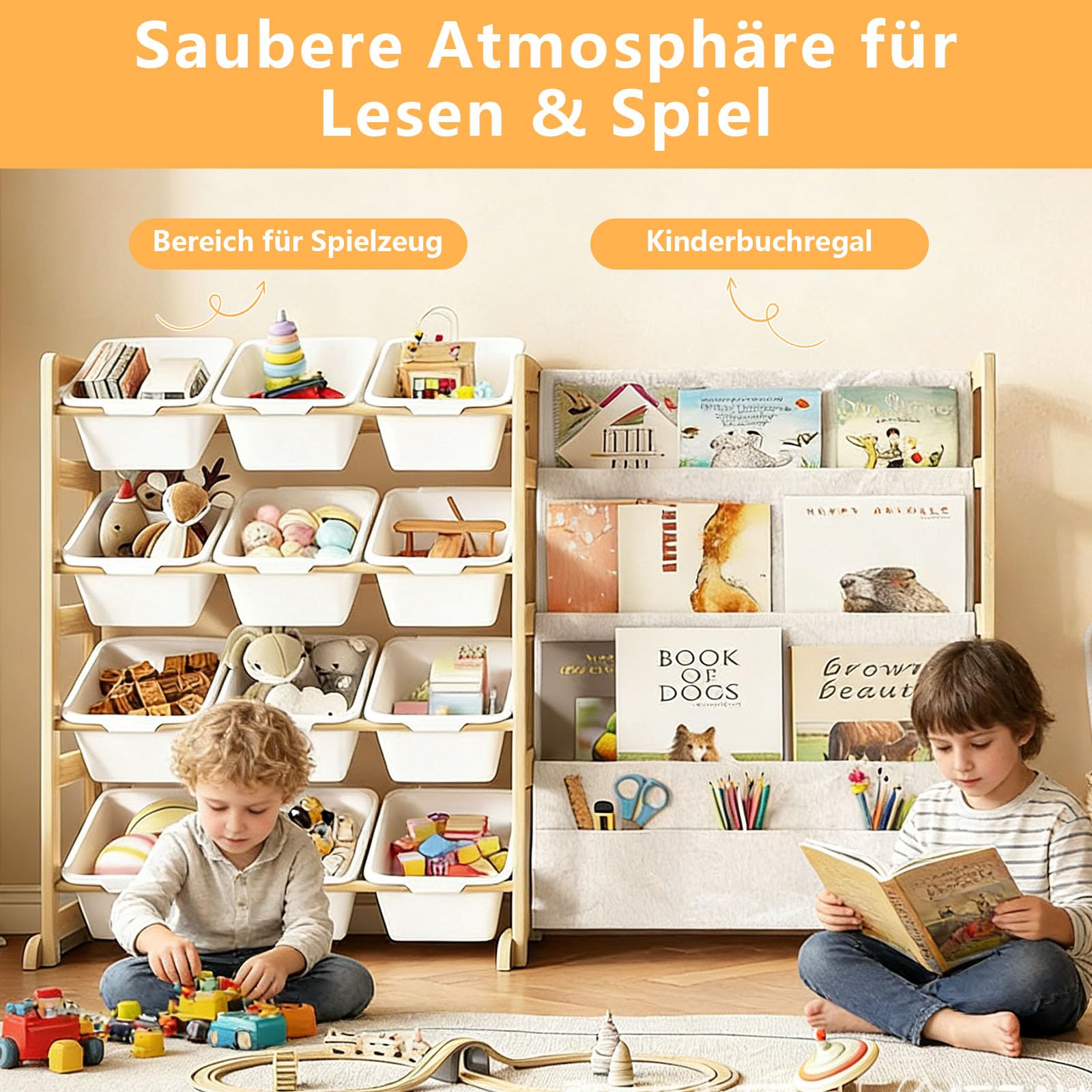 Spielzeug Organizer mit Bücherregal,Kinderregal aus Holz mit 12 Behältern | Spielzeug Aufbewahrung für Kinderzimmer,Einfache Montage,Aufbewahrungsbox für Schlafzimmer und Raumdekoration,122 x 28 x 80cm