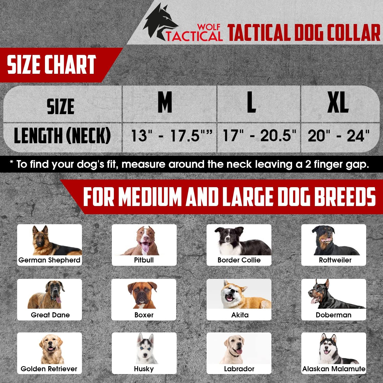 Wolf Tactical Dog Collar - Heavy Duty Military Collar for Large Breeds - Black, XL