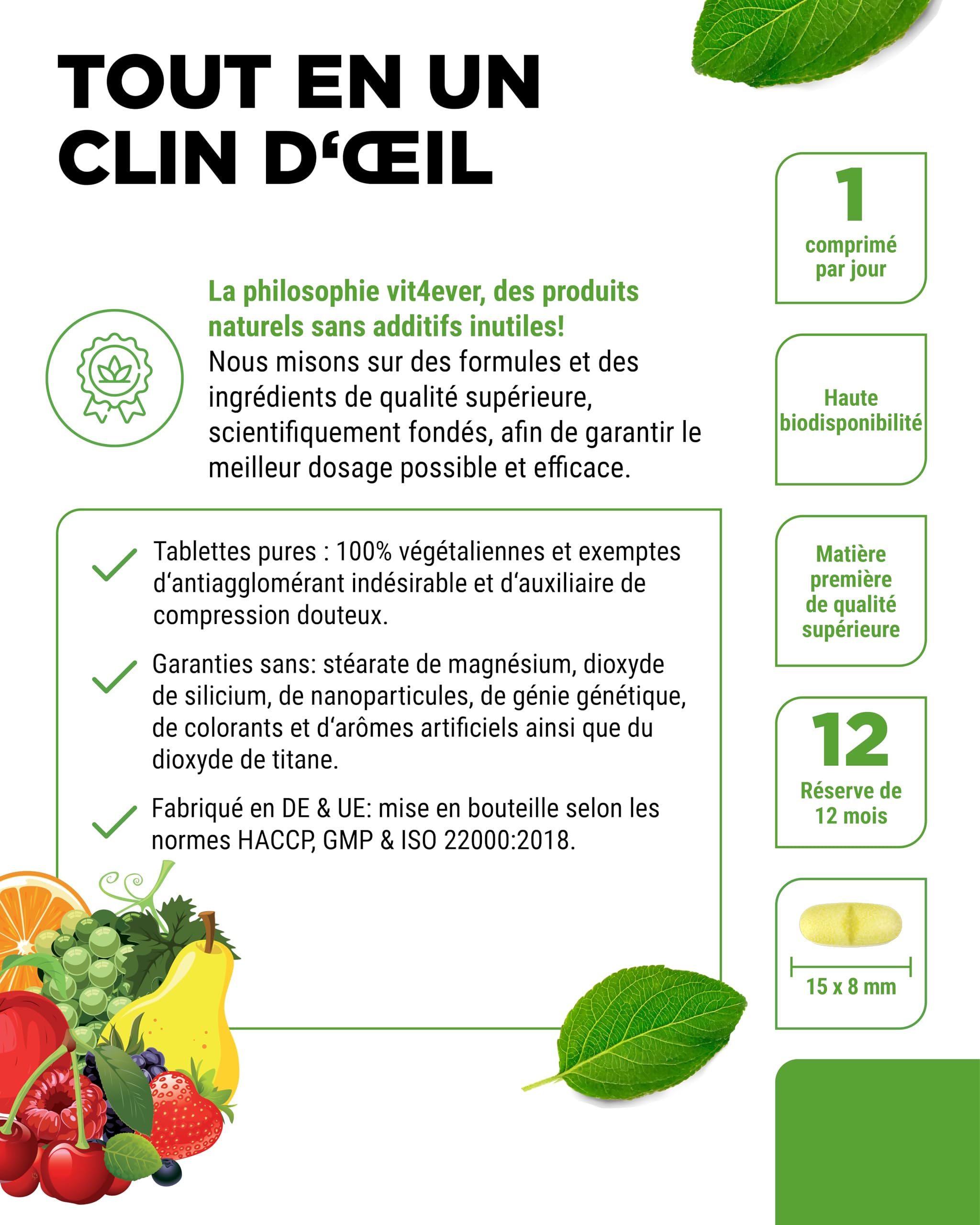 Multivitamine A-Z - 365 comprimés (12 mois) - 32 principes actifs - Combinaison de minéraux + acides aminés + oligo-éléments + extraits de plantes - Vegan - Fortement dosé