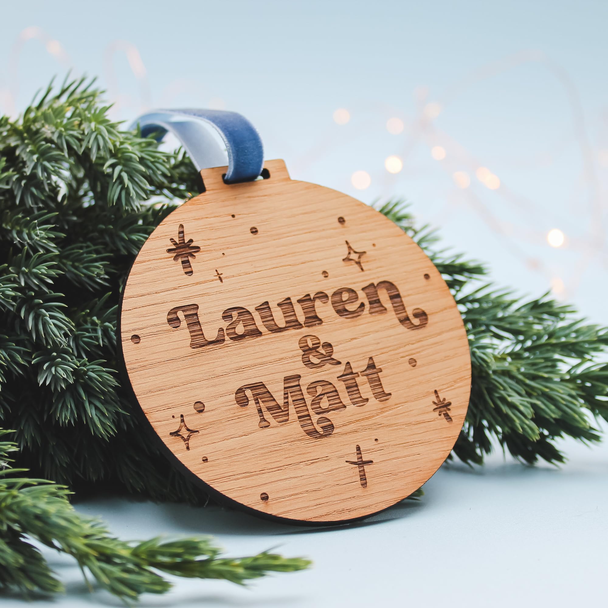 Personalised Wooden Christmas Bauble, Couple Names Decoration with Velvet Ribbon, Star Design