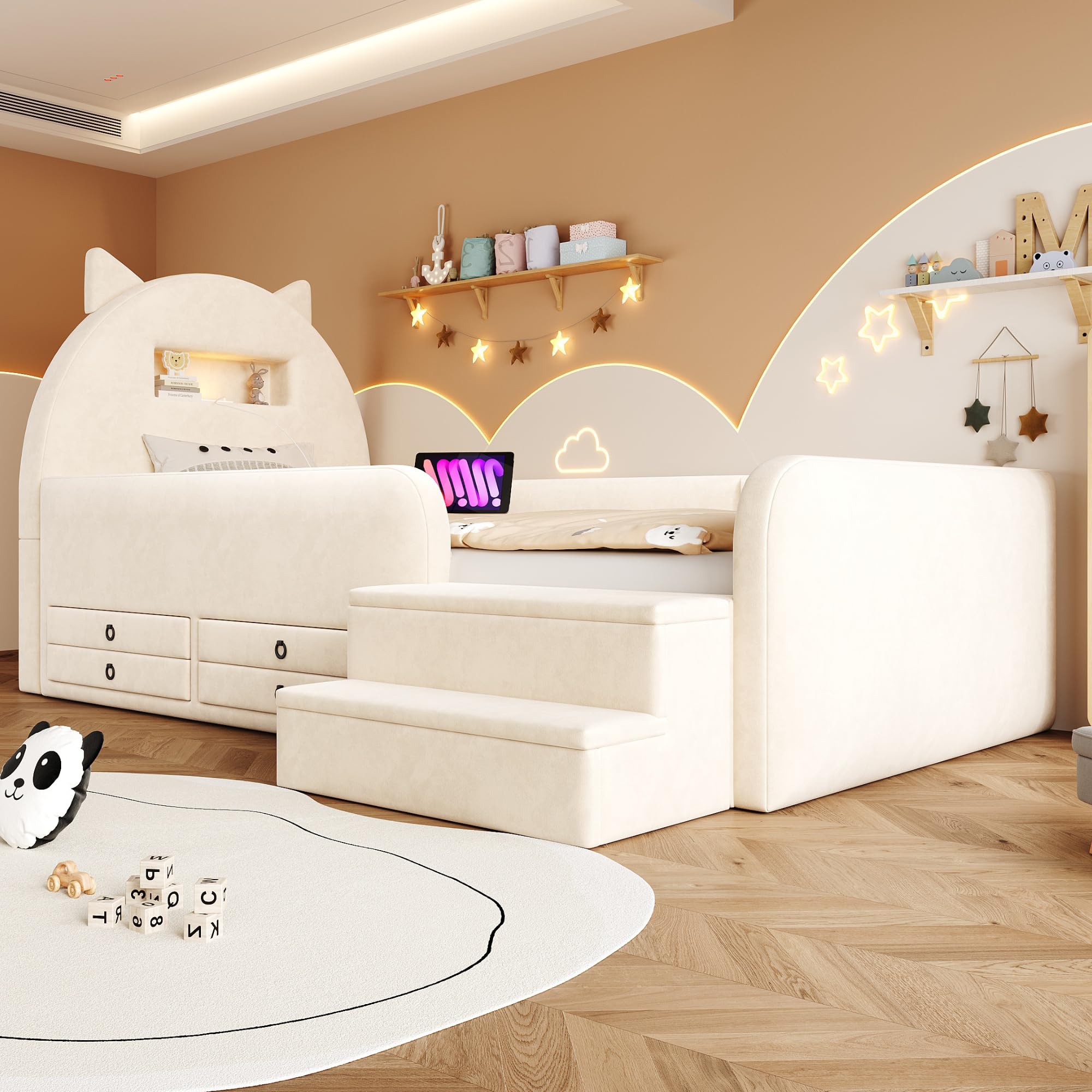Merax Polsterbett Kinderbett 90x200 cm mit Ohren-Kopfteil, Nachtlicht, USB, Stufensitz & Schubladen – Beige (Ohne Matratze)