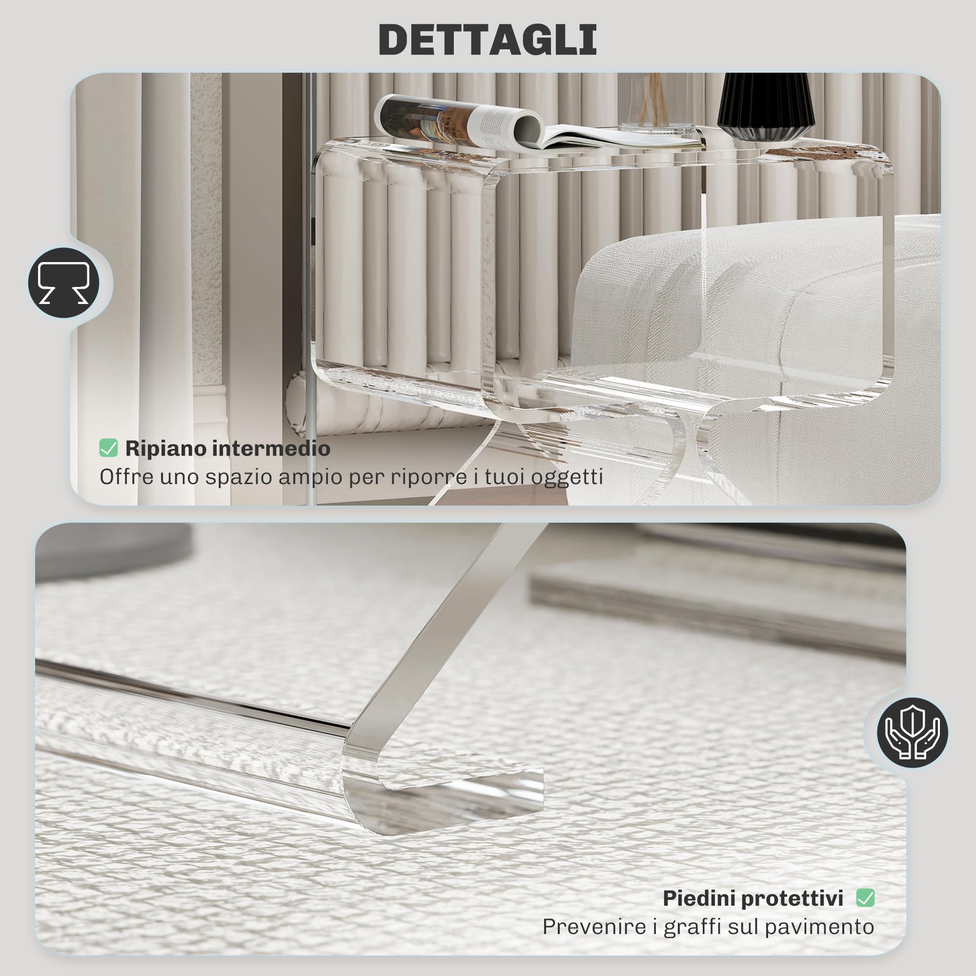 HOMCOM Tavolino Basso Geometrico a 2 Livelli con Gambe Triangolari, Tavolino da Salotto in Acrilico, 40x30x45 cm, Trasparente