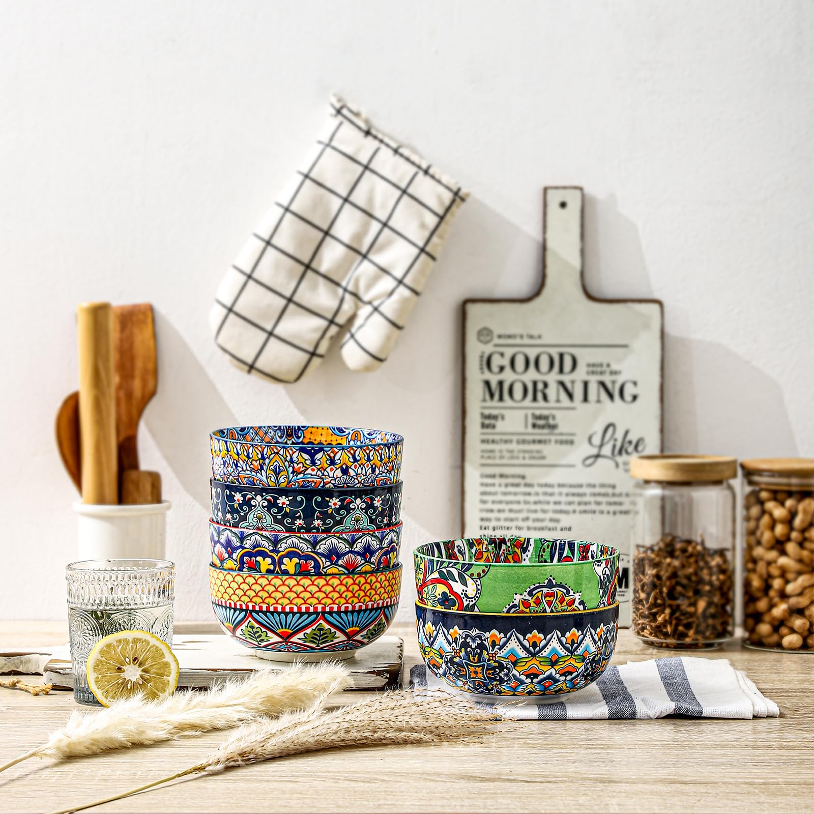 HENXFEN LEAD Ciotole per cereali in porcellana, 6 pezzi Ciotole da 850 ml per cereali, zuppe, insalate, pasta, ecc. Design floreale bohemien in 6 vivaci colori