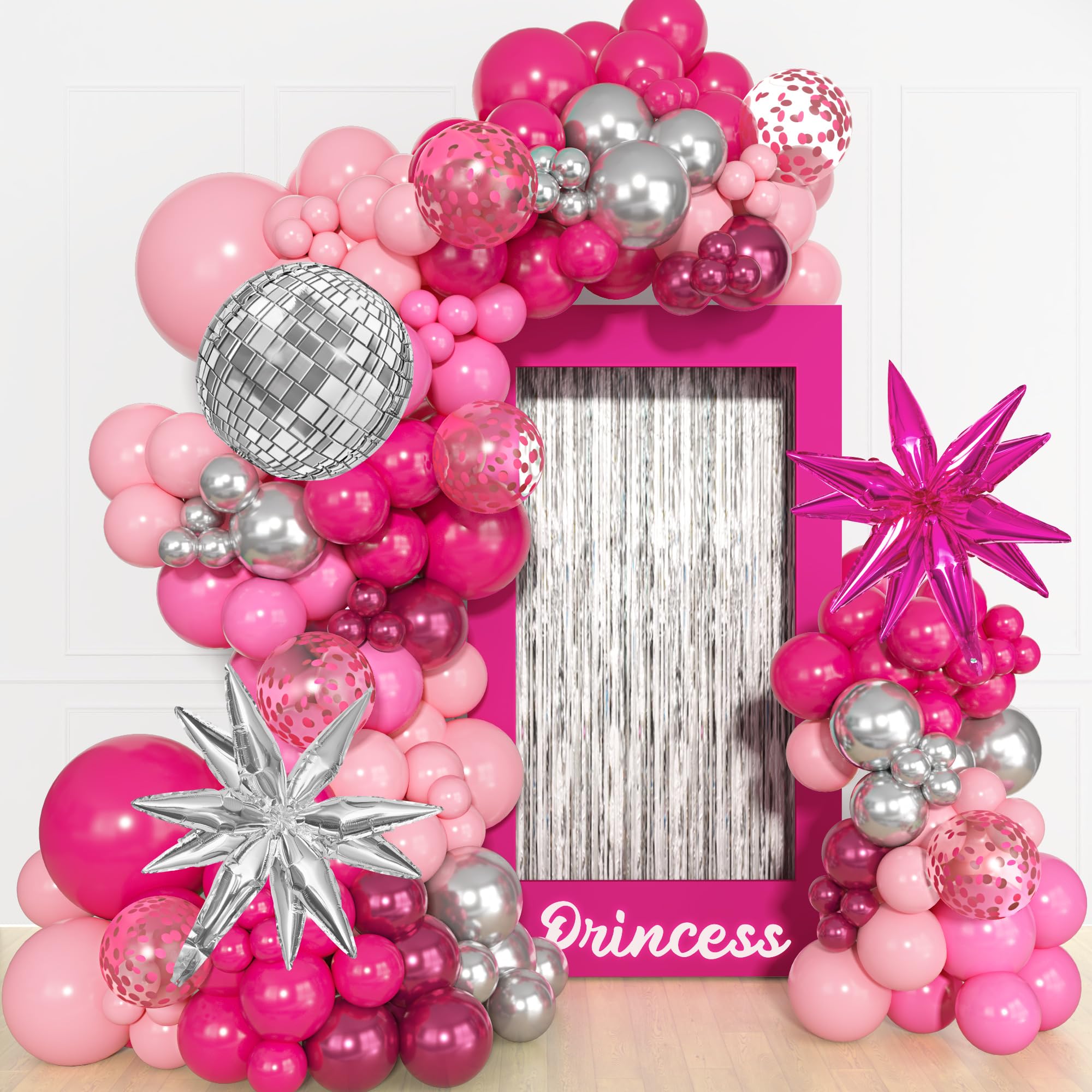 145Pcs Princess Pink and Silver Valentines Balloon Garland Arch Kit, Hot Pink Confetti 4D Star Disco Ball Crown Balloons for Girls Women Bridal Baby
