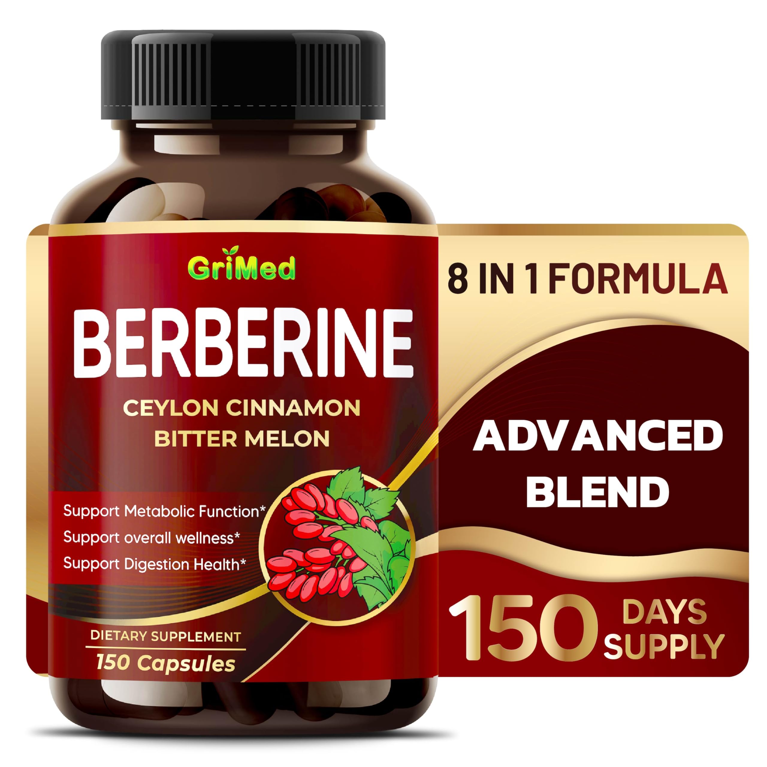 GriMed Berberine Supplement 9,500mg with Ceylon Cinnamon Bitter Melon Supports Healthy Immune System