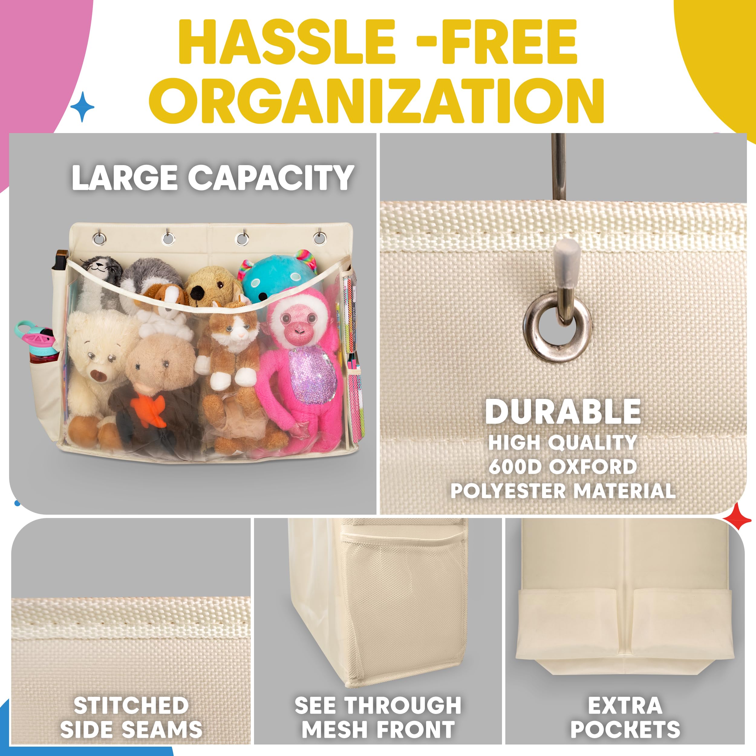 Bedside Stuffed Animal organizer -Space-Saving Stuffed Animal Holder with Large Capacity- Squishmallow storage with Extra Pockets, Stuffy organizer with Reinforced sides- plushies holder - bed caddy