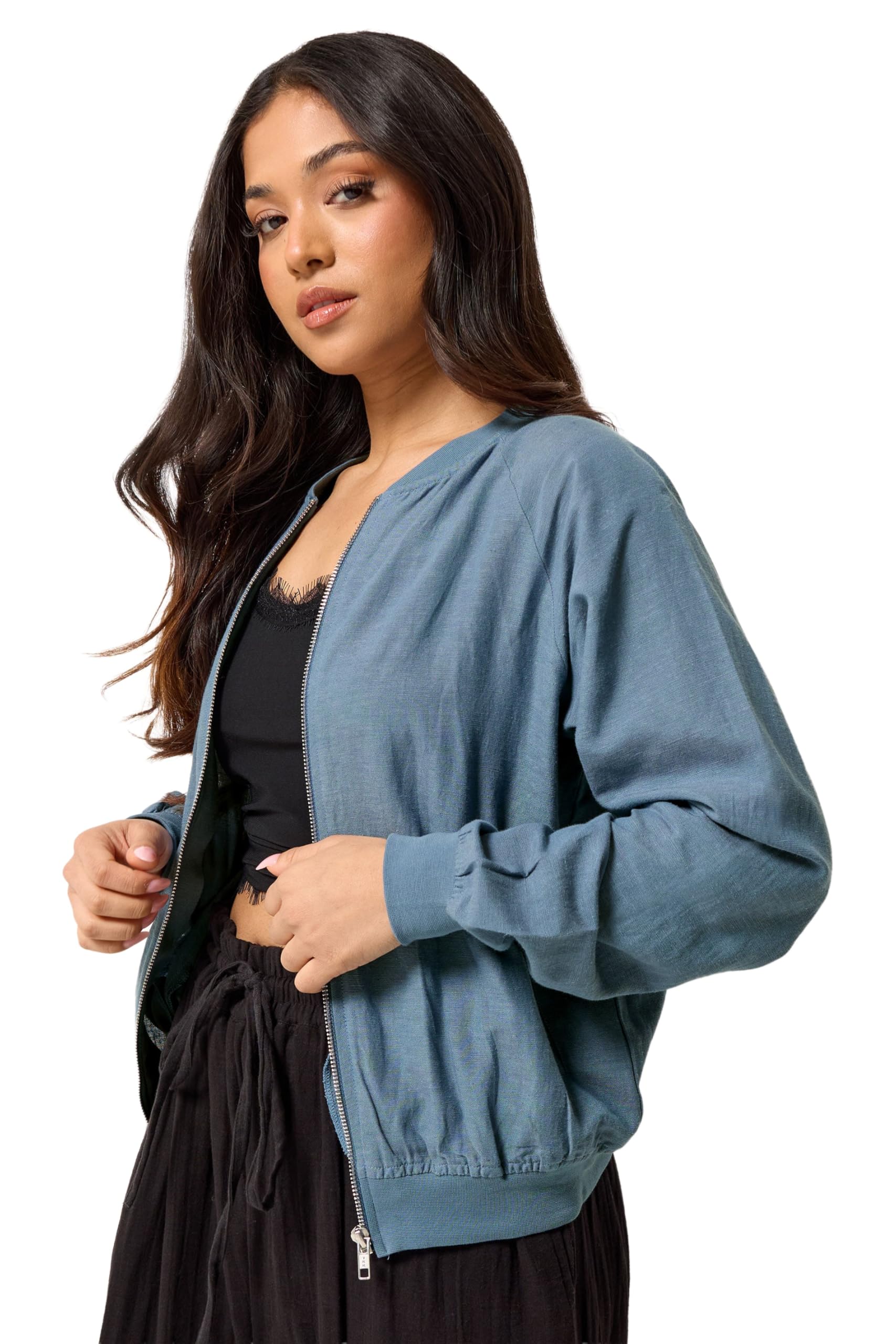 Pixiegirl Women's Blue Petite Linen Bomber Jacket In | Size: 18