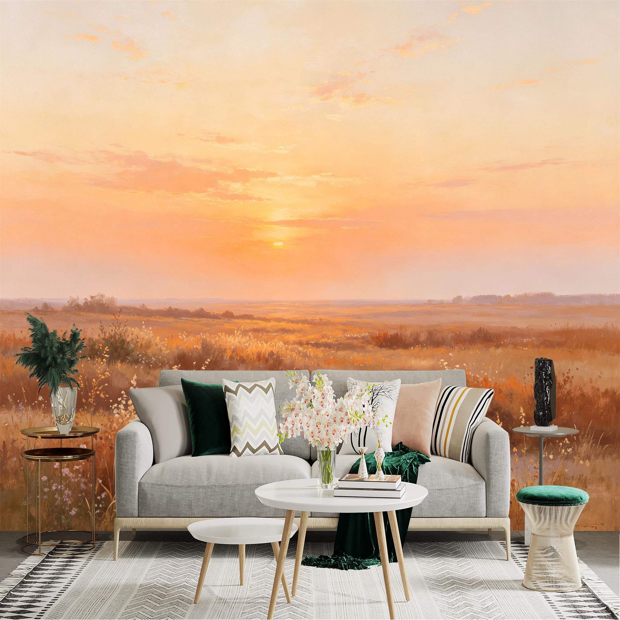 Lnzczhyre Dbh260521245 Custom Size Wall Sticker Mural， Golden Sunset Over Peaceful Meadow， Wildflower Field Landscape， Warm Nature Scenery， For Wall Decoration， Peelandstick Wall Decals.