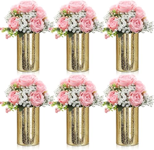 Suncalla 6 Sets Gold Cylinder Candle Vases Centerpiece with Flower for Table Artificial Peony with Baby's Breath Flowers Hurricane Candle Holder Mason Jars for Wedding Bridal Shower(Pink)
