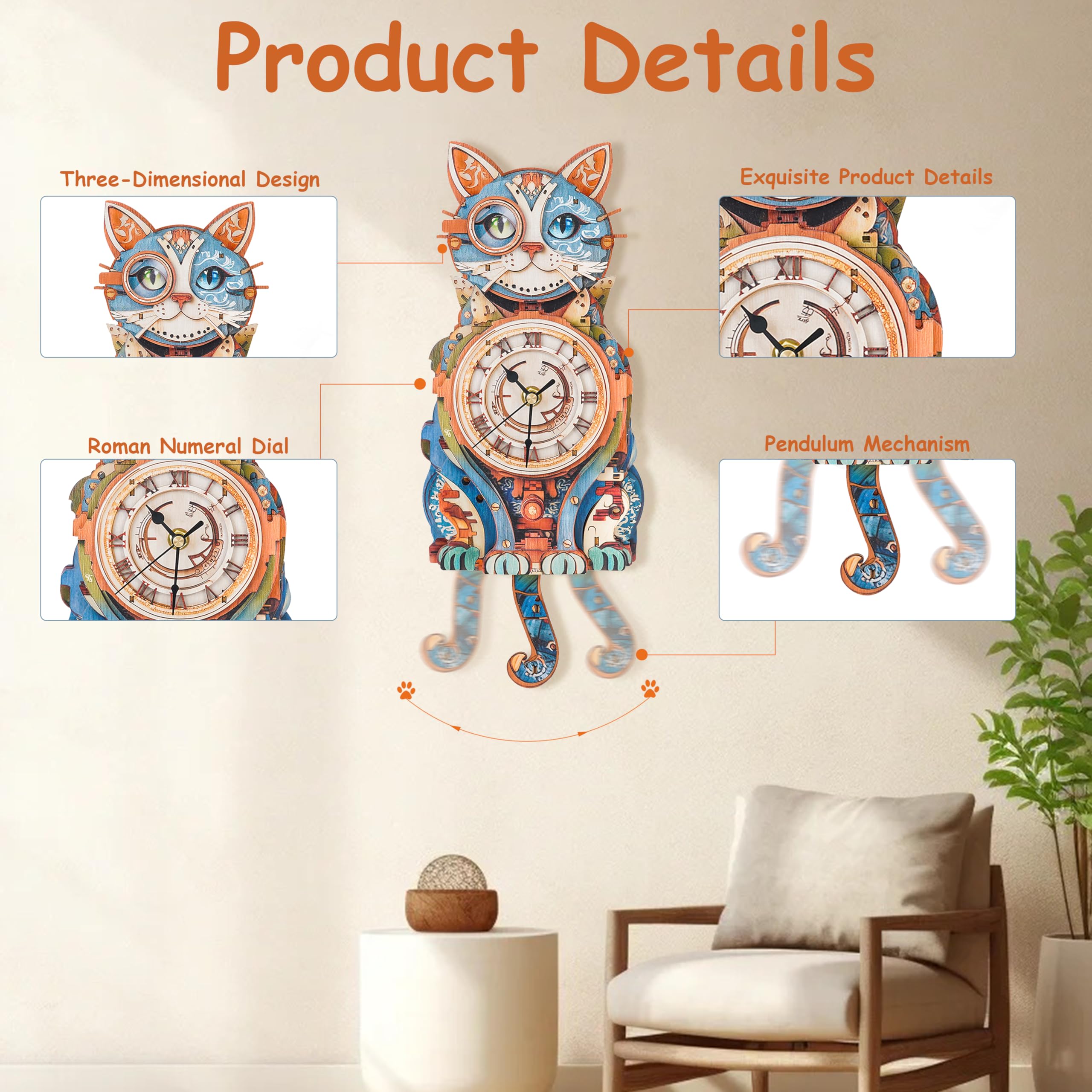 Puzzle in legno 3D per adulti Modello Kit Detective Cat Clock, Kit di costruzione di modelli meccanici Hobby fai da te per donne uomini, orologio da parete vintage puzzle amante dei gatti regali per