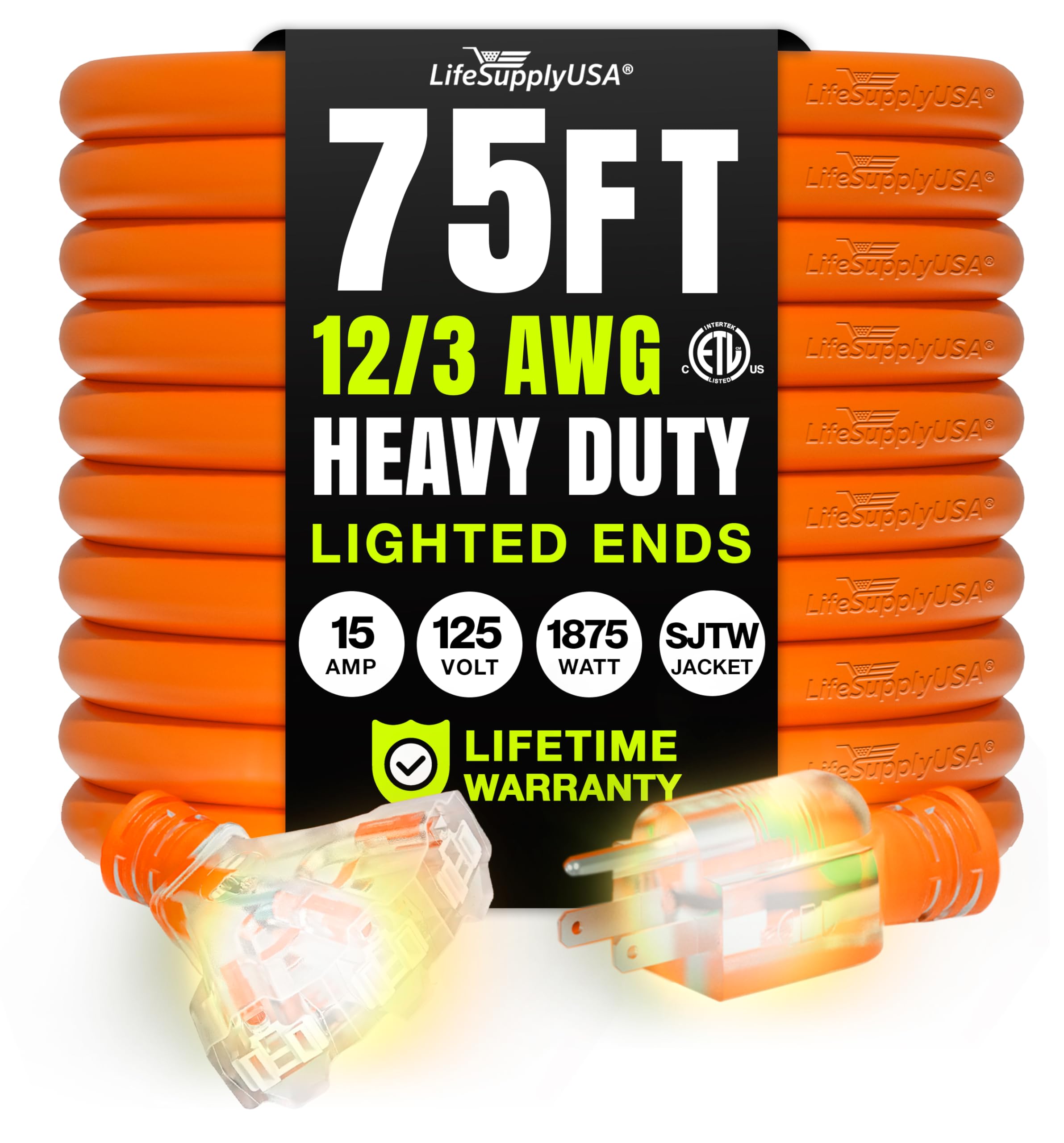 LifeSupplyUSA 75ft 12/3 Extension Cord