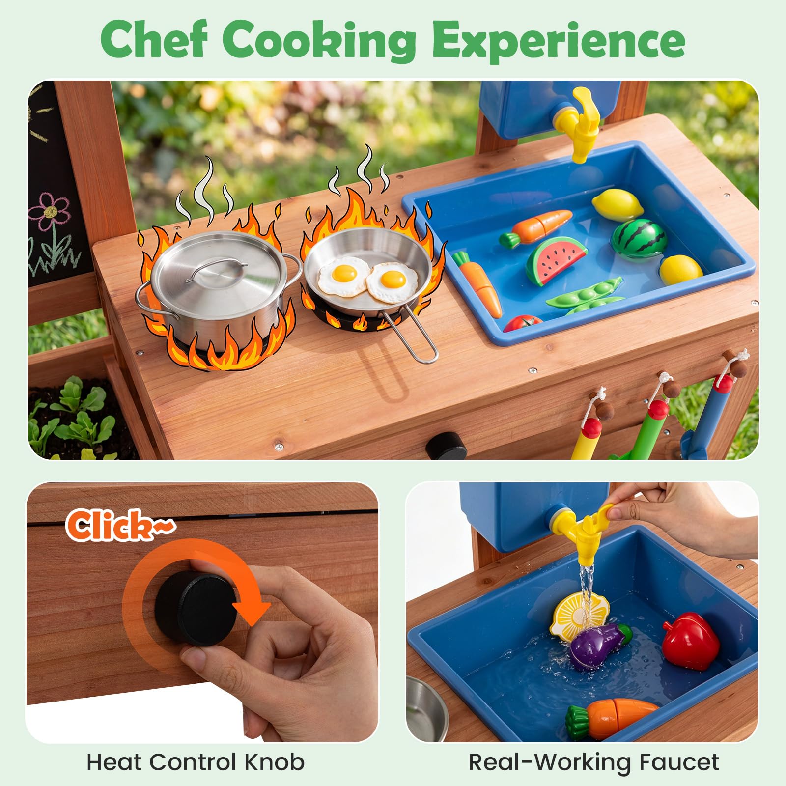HOMASIS Cucina Giocattolo per Bambini, Cucina da Fango da Esterno con Fioriera, Lavagna, Lavello, Rubinetto Funzionante e 13 Accessori, Cucinetta Giocattolo in Legno per Bambini Chef 3+ Anni