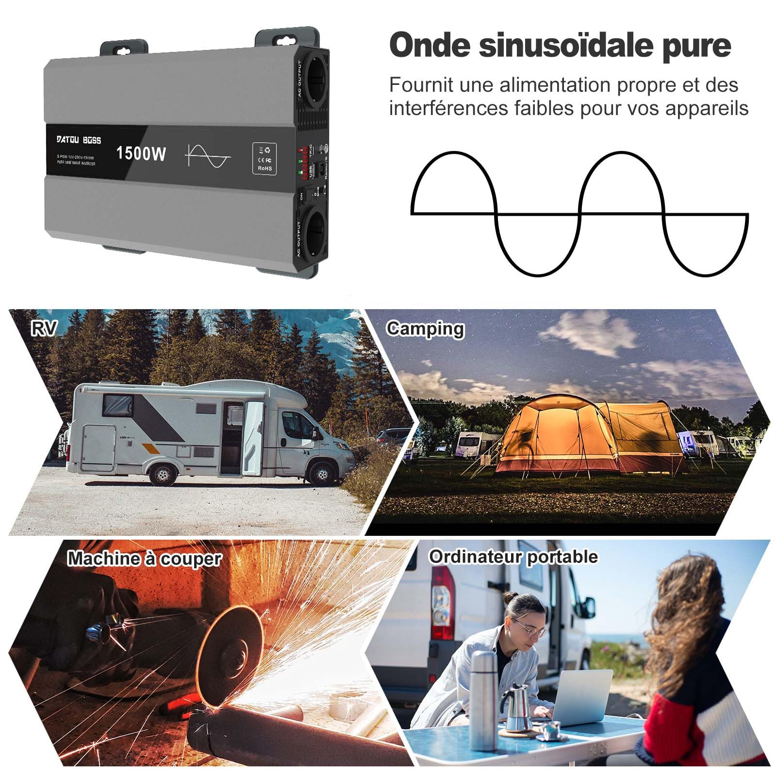 DATOUBOSS Convertisseur 12v 220v/230v Pur Sinus 1500W/3000W, Convertisseur 12v 220v 1500W, avec 2 Prises EU, Sortie USB/USB-C Et Écran LCD, Transformateur pour Camping-Cars, Camions, Camping