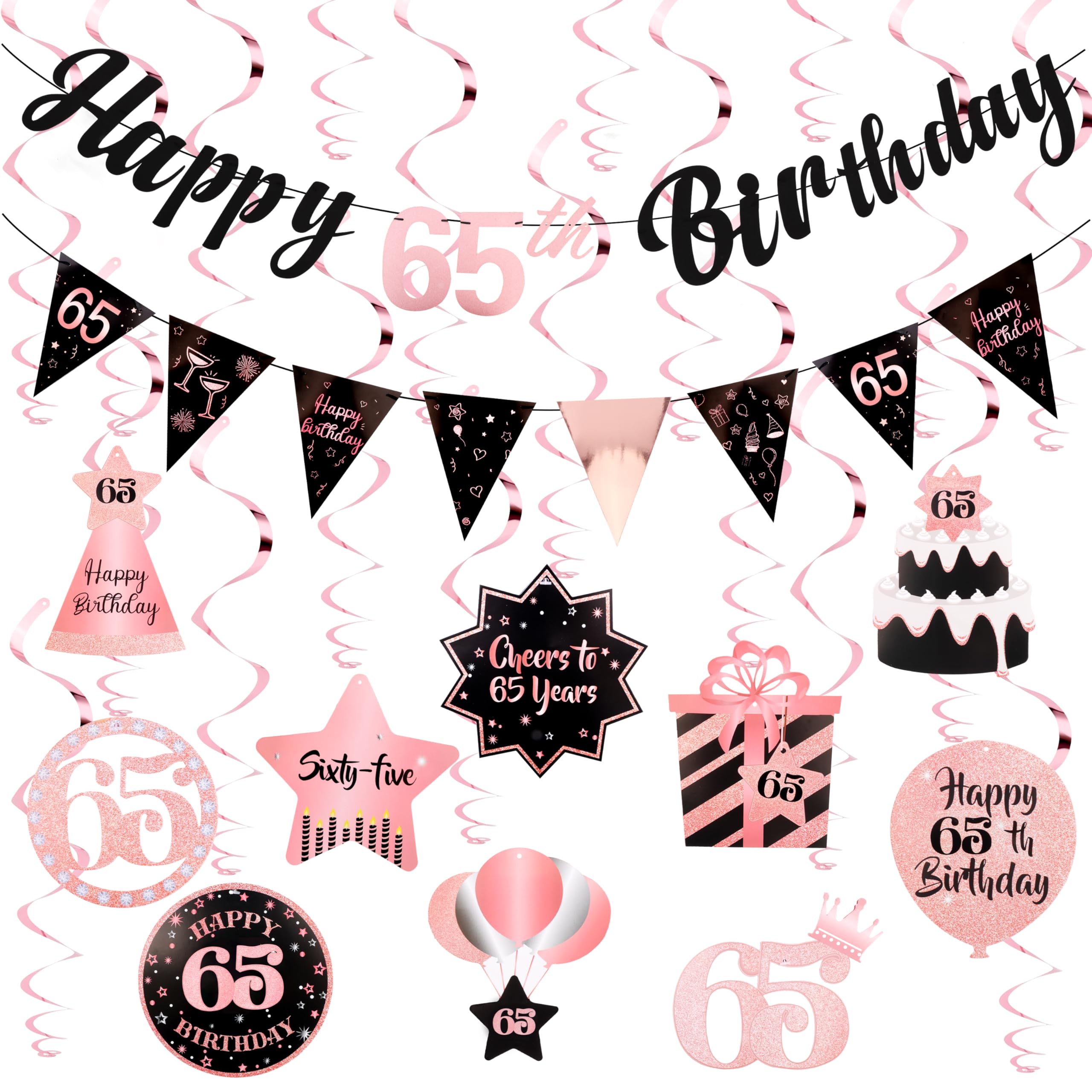 65th Birthday Decorations for Women Rose Gold Pink Pre Strung Happy 65th Birthday Banner and Hanging Swirls 65 Year Old Party Decorations Supplies
