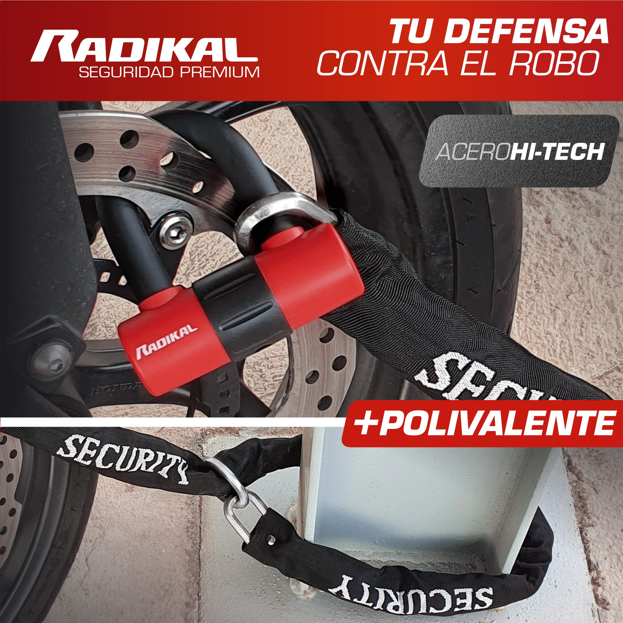 RADIKAL RK72120L Candado Antirrobo Mini U con Cadena Lazo 120 cm, Más Polivalente para Candado Moto Disco +Cable, Cerradura Alta Seguridad y Doble Cierre Antirobo Universal para Moto Scooter Bicicleta