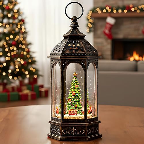 Miniatura 26 de Árbol de Navidad iluminado de 10 pulgadas, con música, globo de nieve, decoración de purpurina giratoria para el hogar de Navidad, sala de estar,